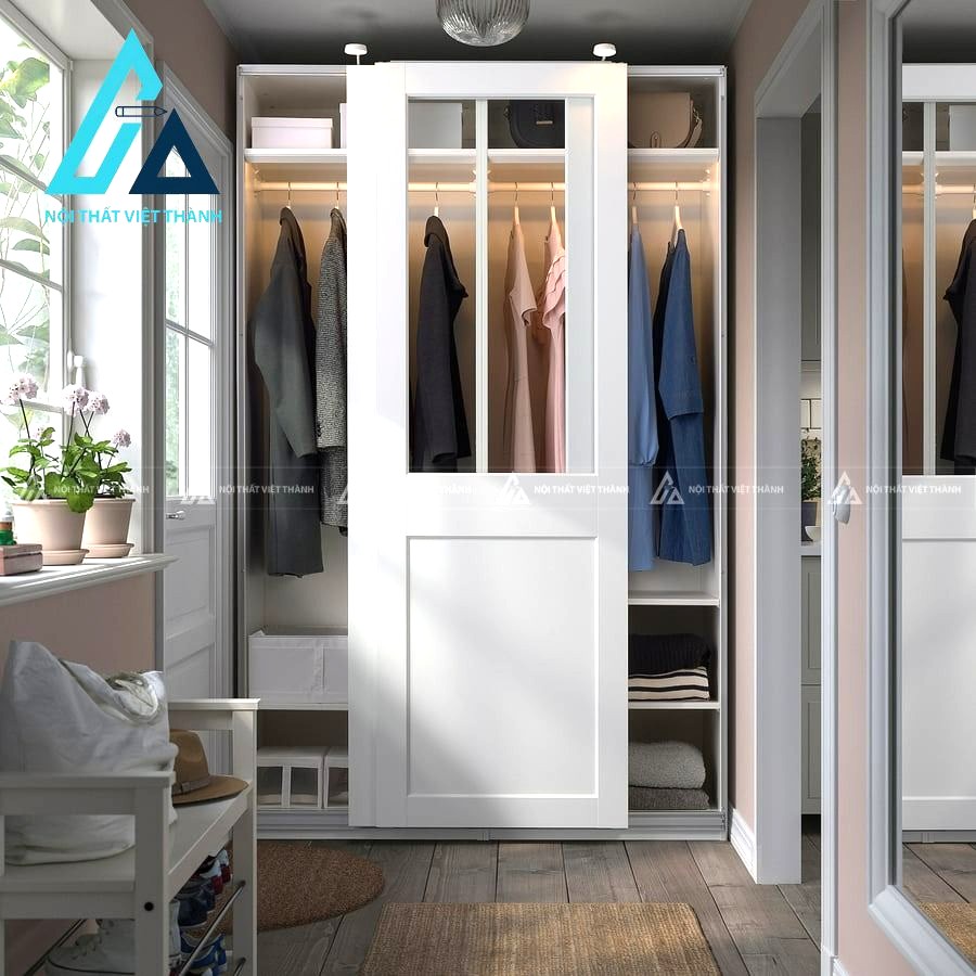 Tủ quần áo cánh kính trượt màu trắng MDF hiện đại tối ưu không gian 1