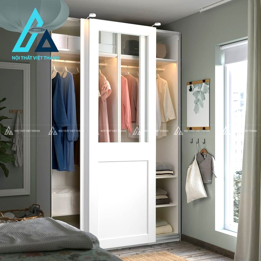 Tủ quần áo cánh kính trượt màu trắng MDF hiện đại tối ưu không gian 2