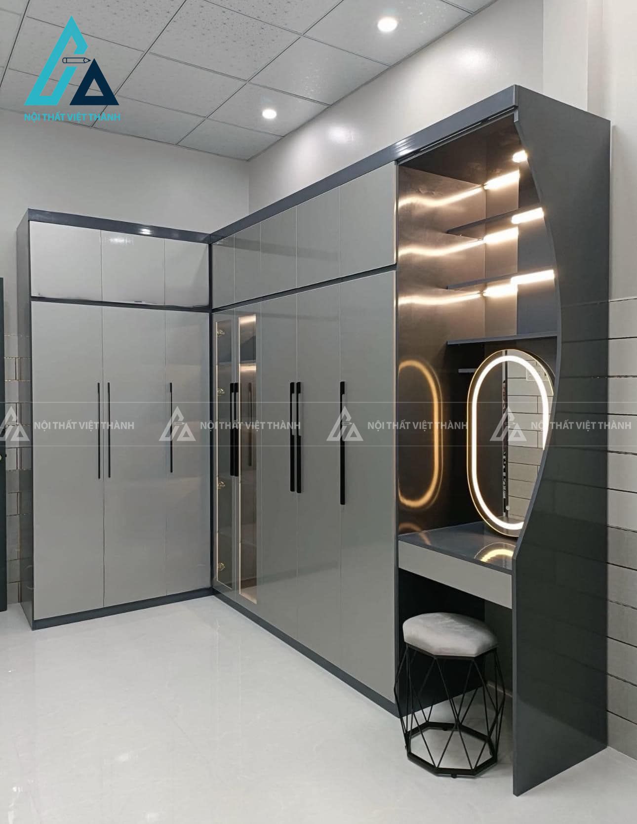 Tủ quần áo L xám kết hợp bàn trang điểm