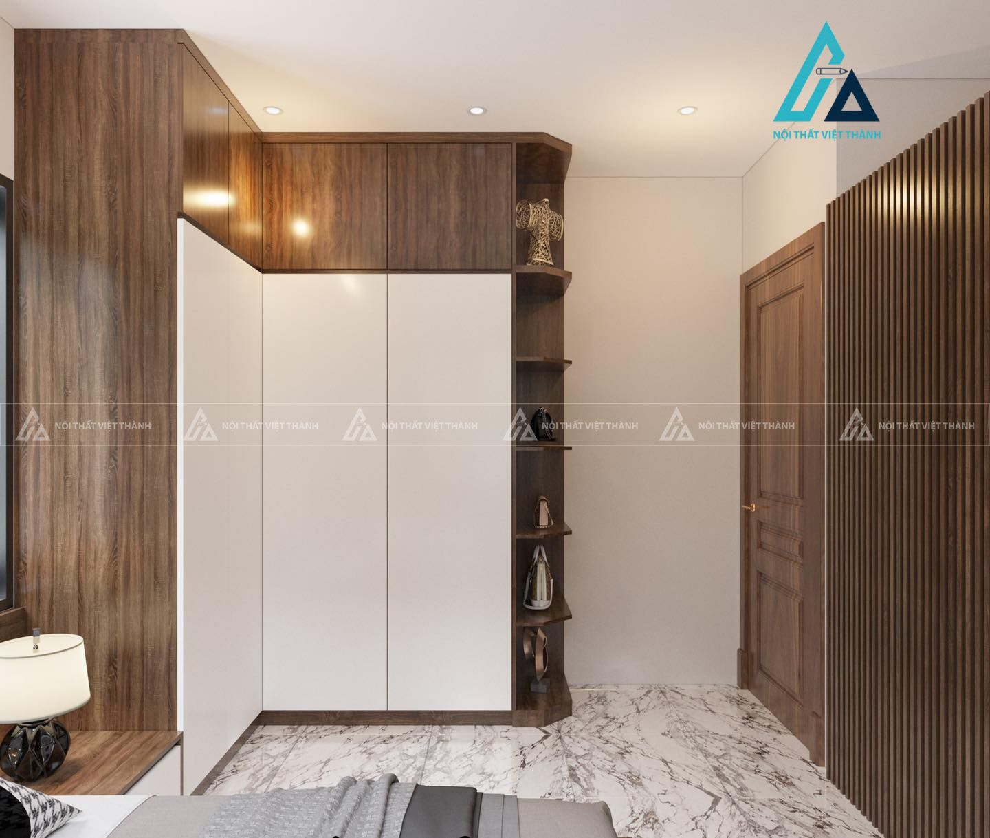 Tủ quần áo L vân gỗ nâu- trắng kịch trần