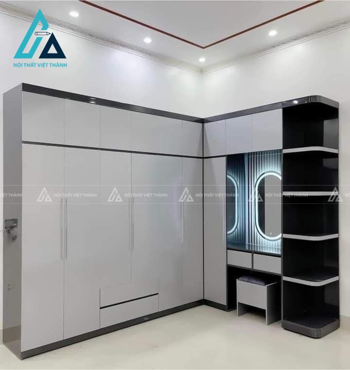 Tủ quần áo L xám ghi kèm bàn trang điểm có ngăn kéo