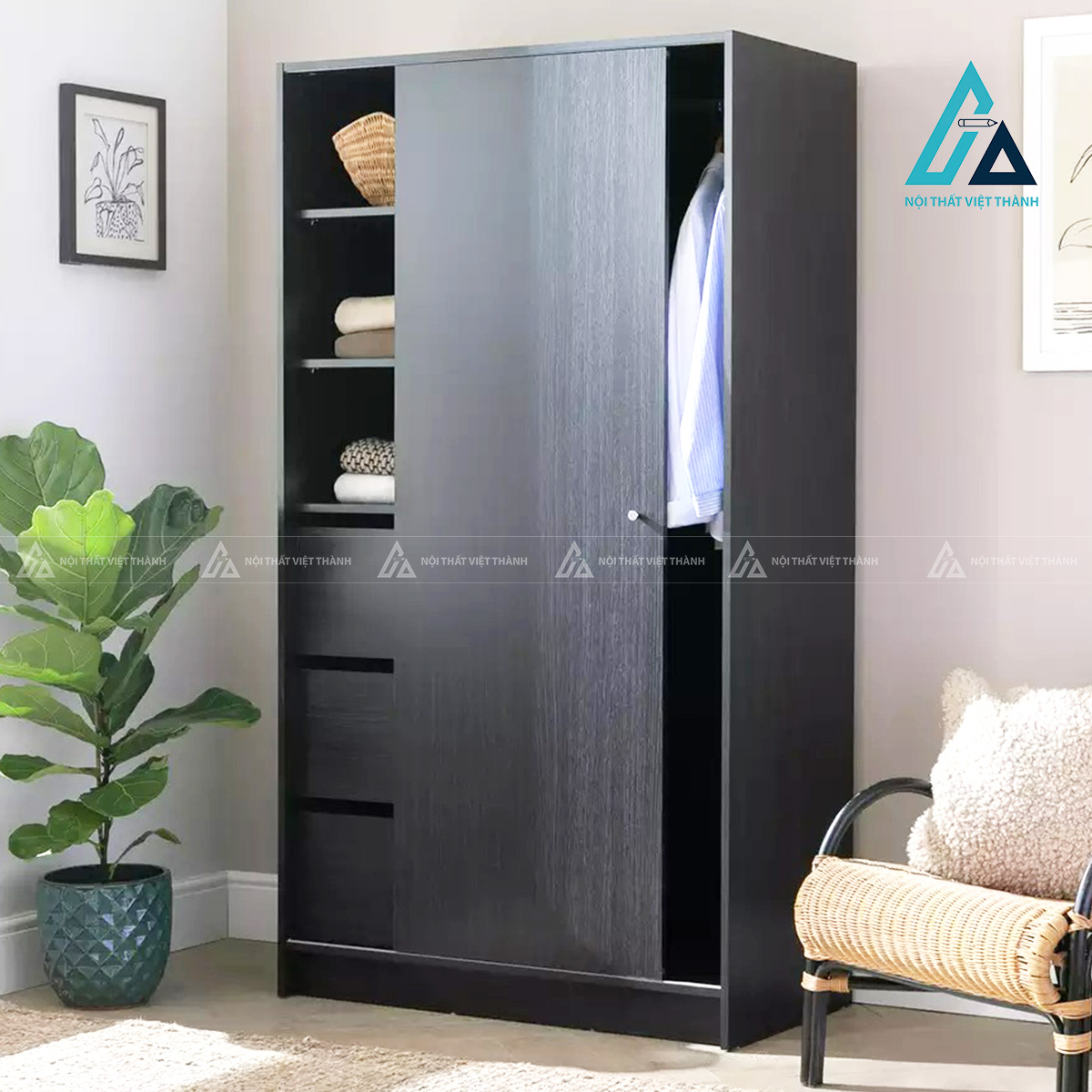 Tủ quần áo cửa lùa 1 cánh MDF màu đen tối giản cho phòng nhỏ