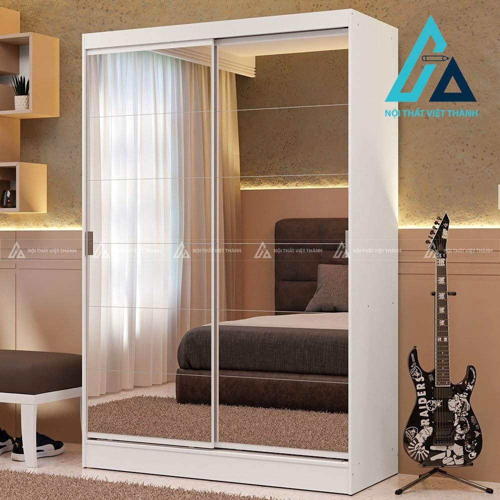 Tủ quần áo cửa lùa 2 cánh gương màu trắng MDF nhỏ gọn hiện đại