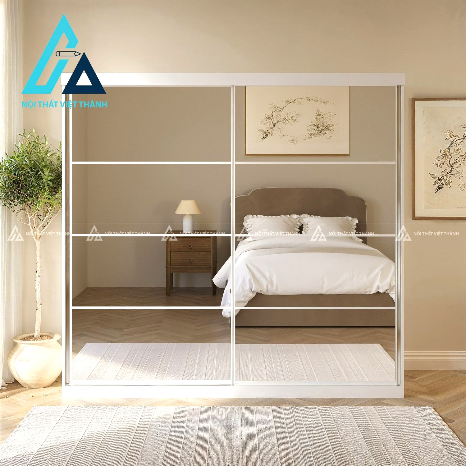 Tủ quần áo cửa lùa 2 cánh gương MDF màu trắng hiện đại tối ưu không gian