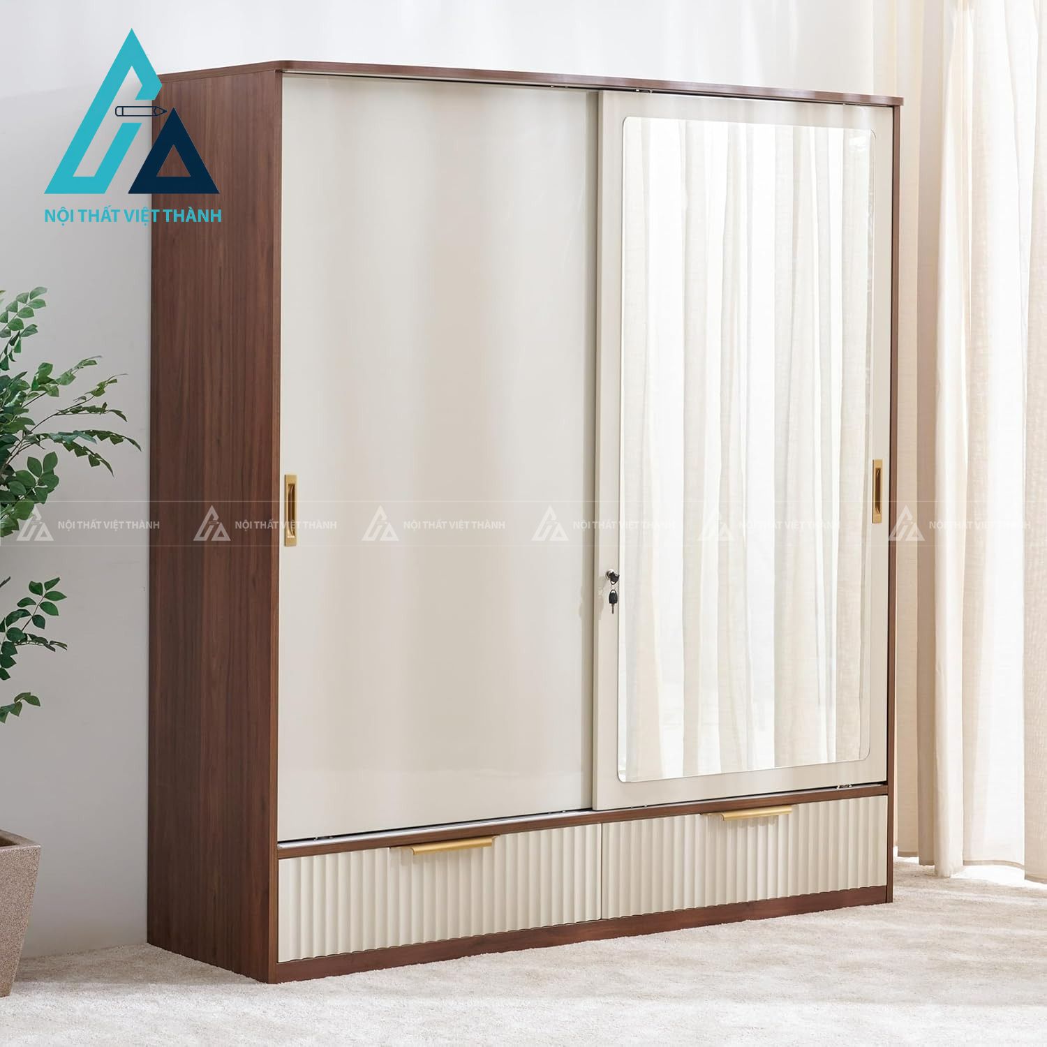 Tủ quần áo cửa lùa 2 cánh màu be tích hợp gương MDF hiện đại