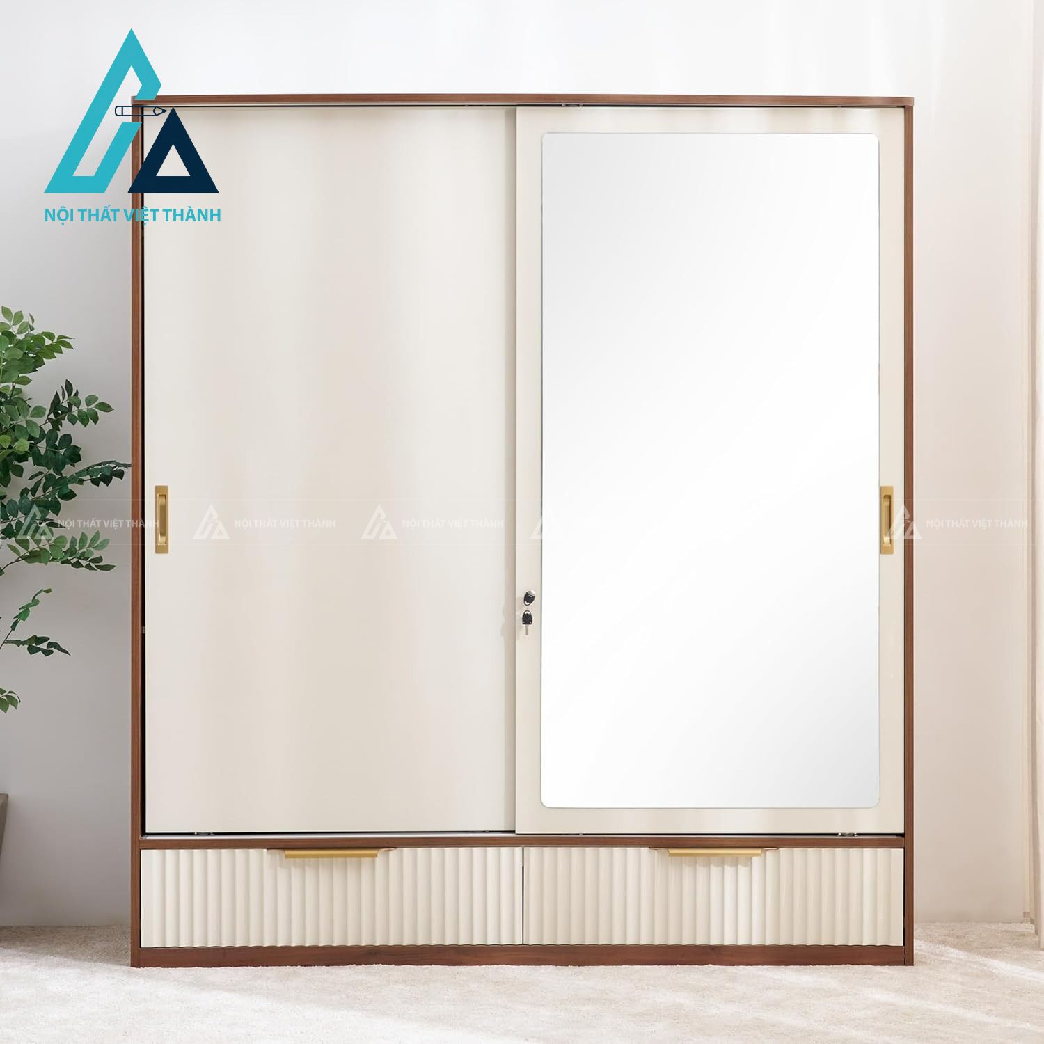 Tủ quần áo cửa lùa 2 cánh màu be tích hợp gương MDF hiện đại 1