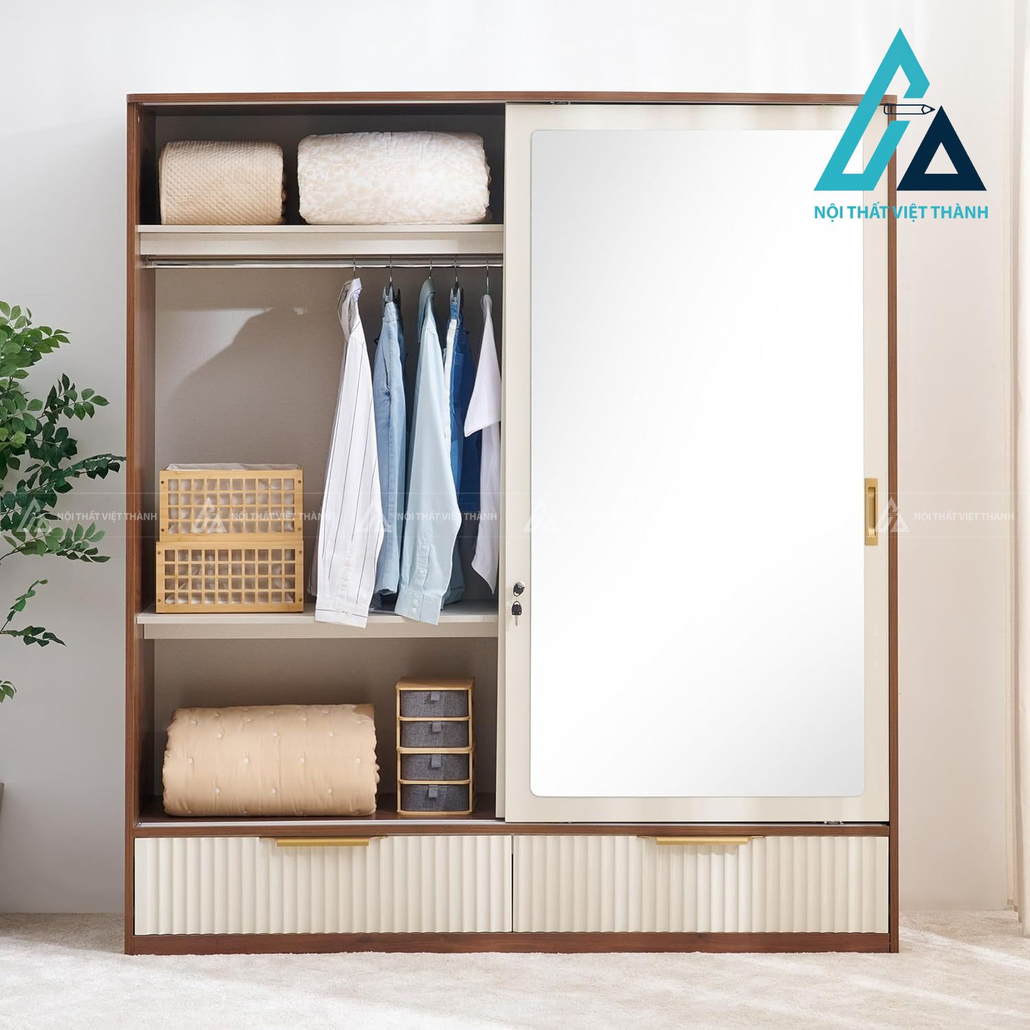 Tủ quần áo cửa lùa 2 cánh màu be tích hợp gương MDF hiện đại 2