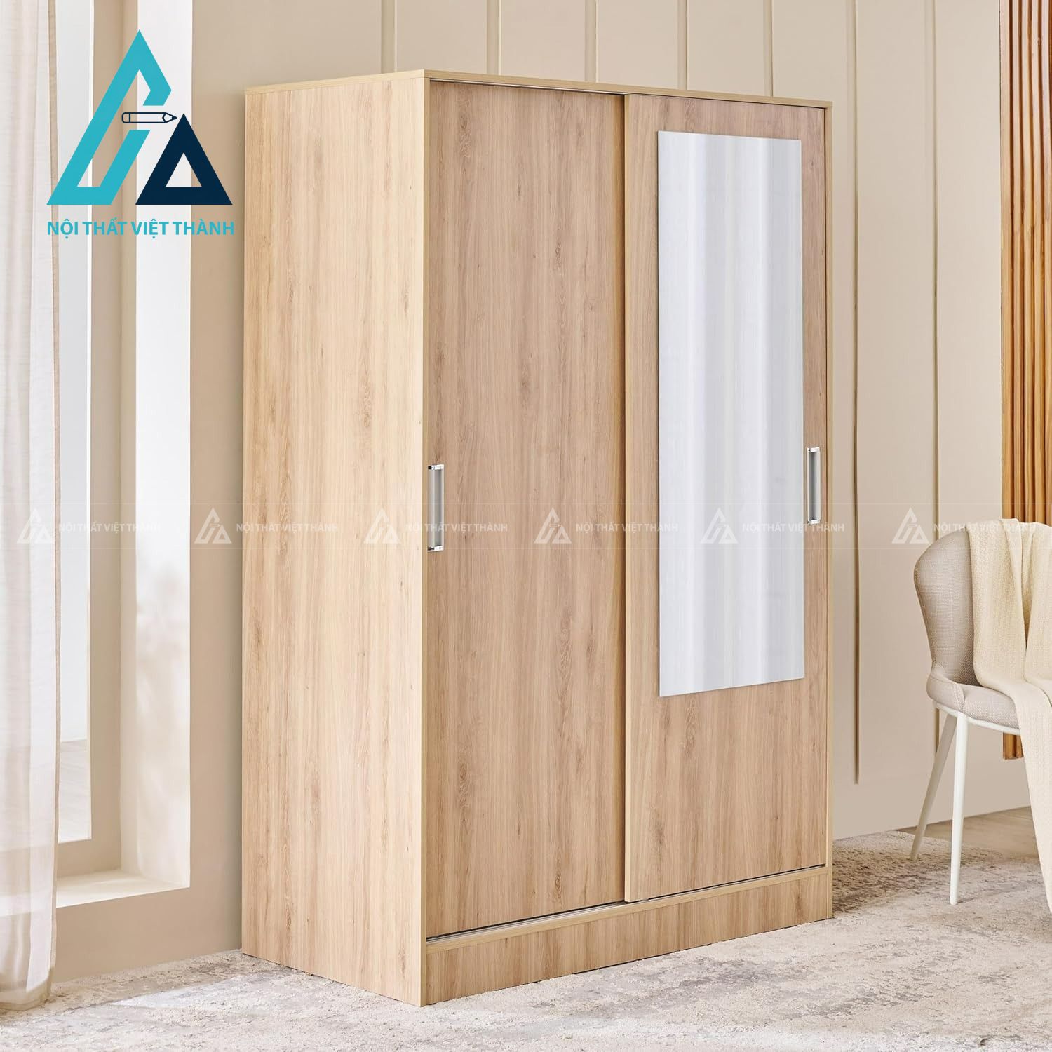 Tủ quần áo cửa lùa 2 cánh MDF kèm gương soi hiện đại tiện nghi