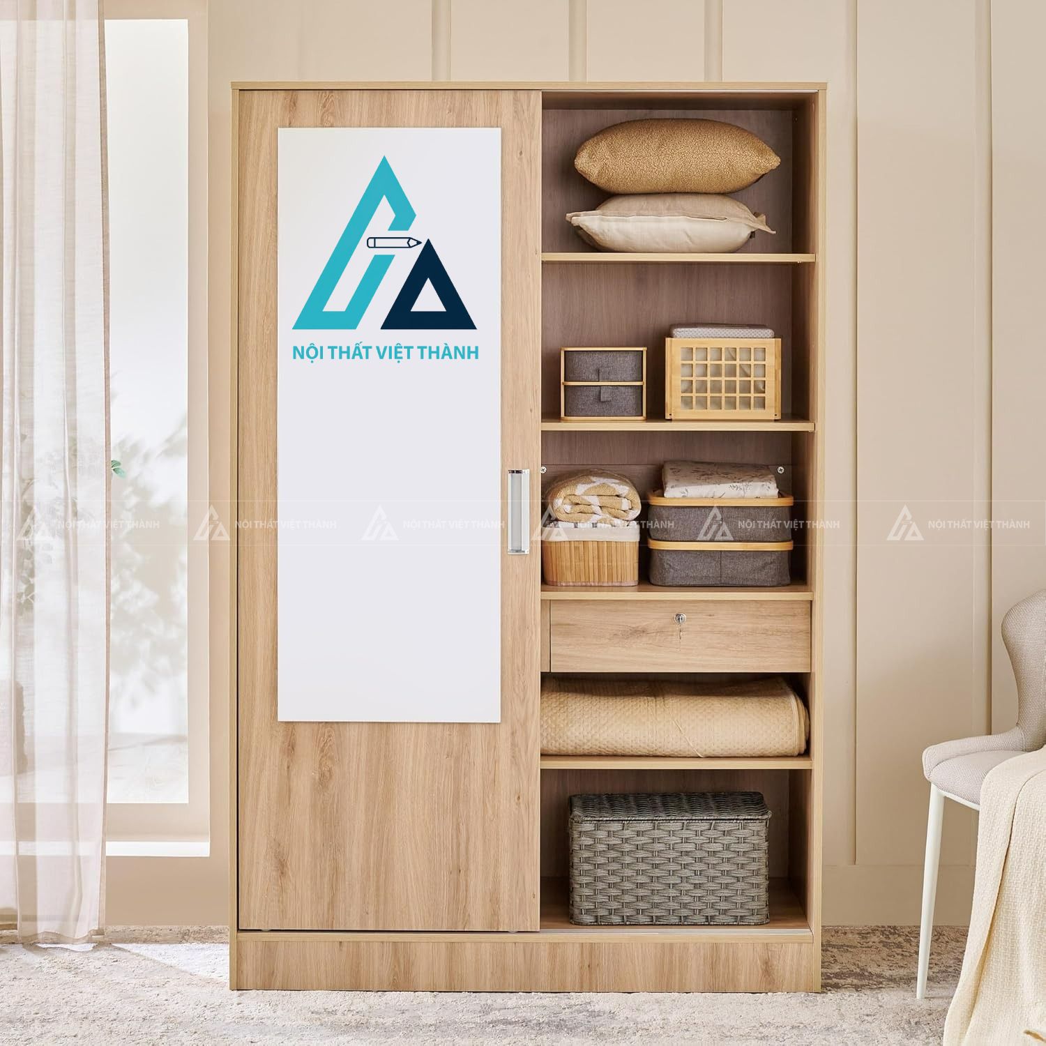 Tủ quần áo cửa lùa 2 cánh MDF kèm gương soi hiện đại tiện nghi 2