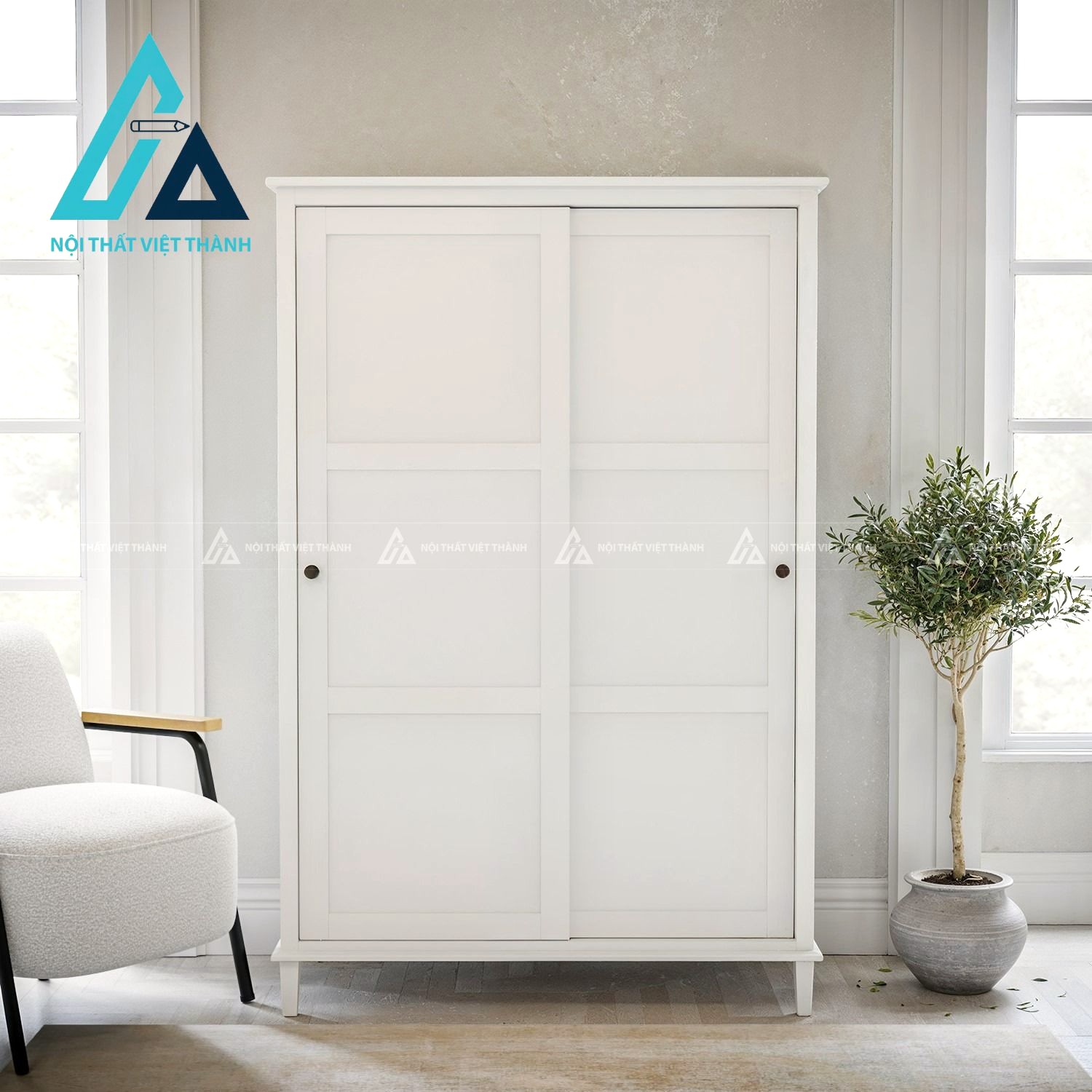 Tủ quần áo cửa lùa 2 cánh MDF màu trắng hiện đại phong cách tinh tế