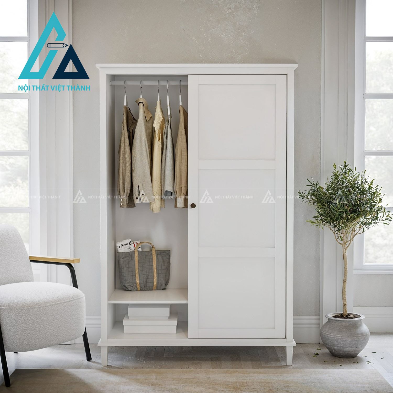 Tủ quần áo cửa lùa 2 cánh MDF màu trắng hiện đại phong cách tinh tế 1