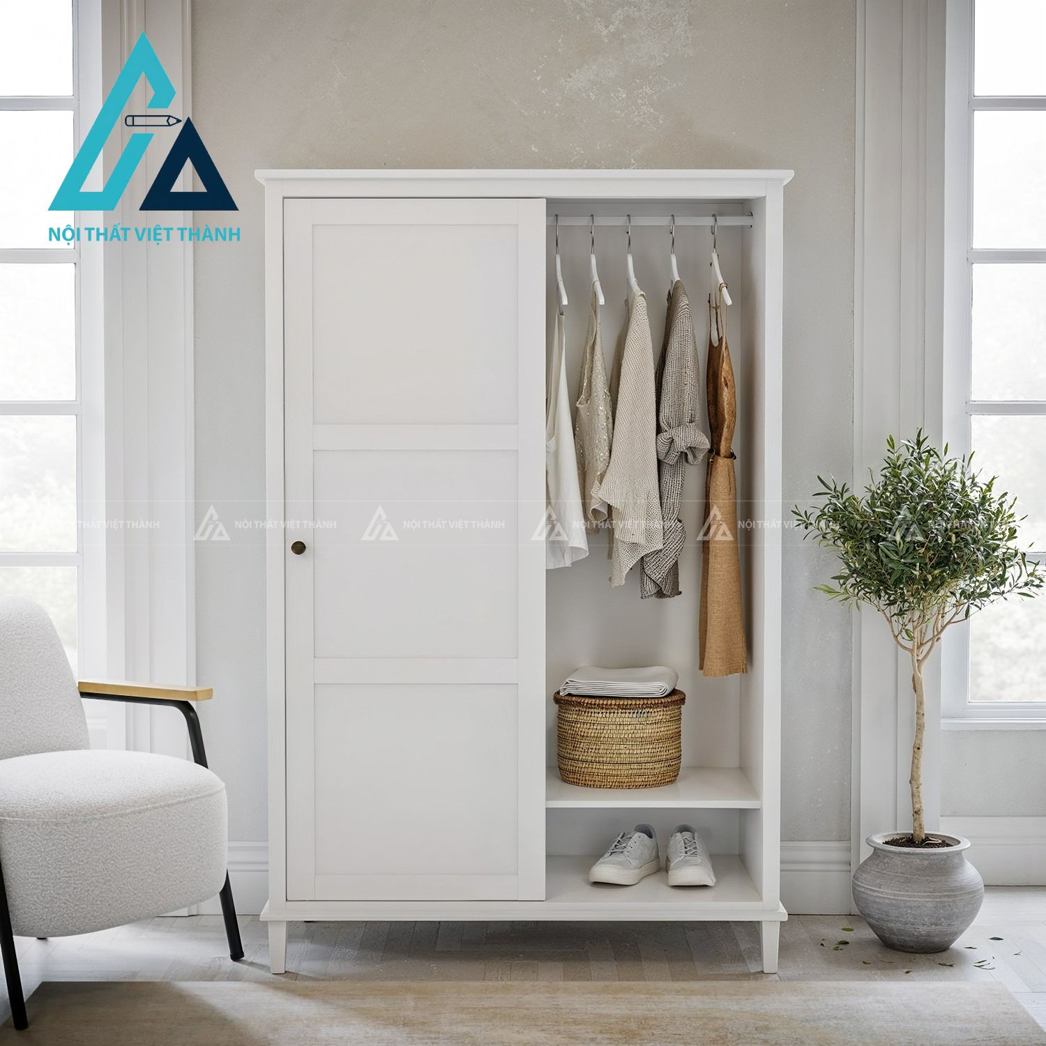 Tủ quần áo cửa lùa 2 cánh MDF màu trắng hiện đại phong cách tinh tế 2