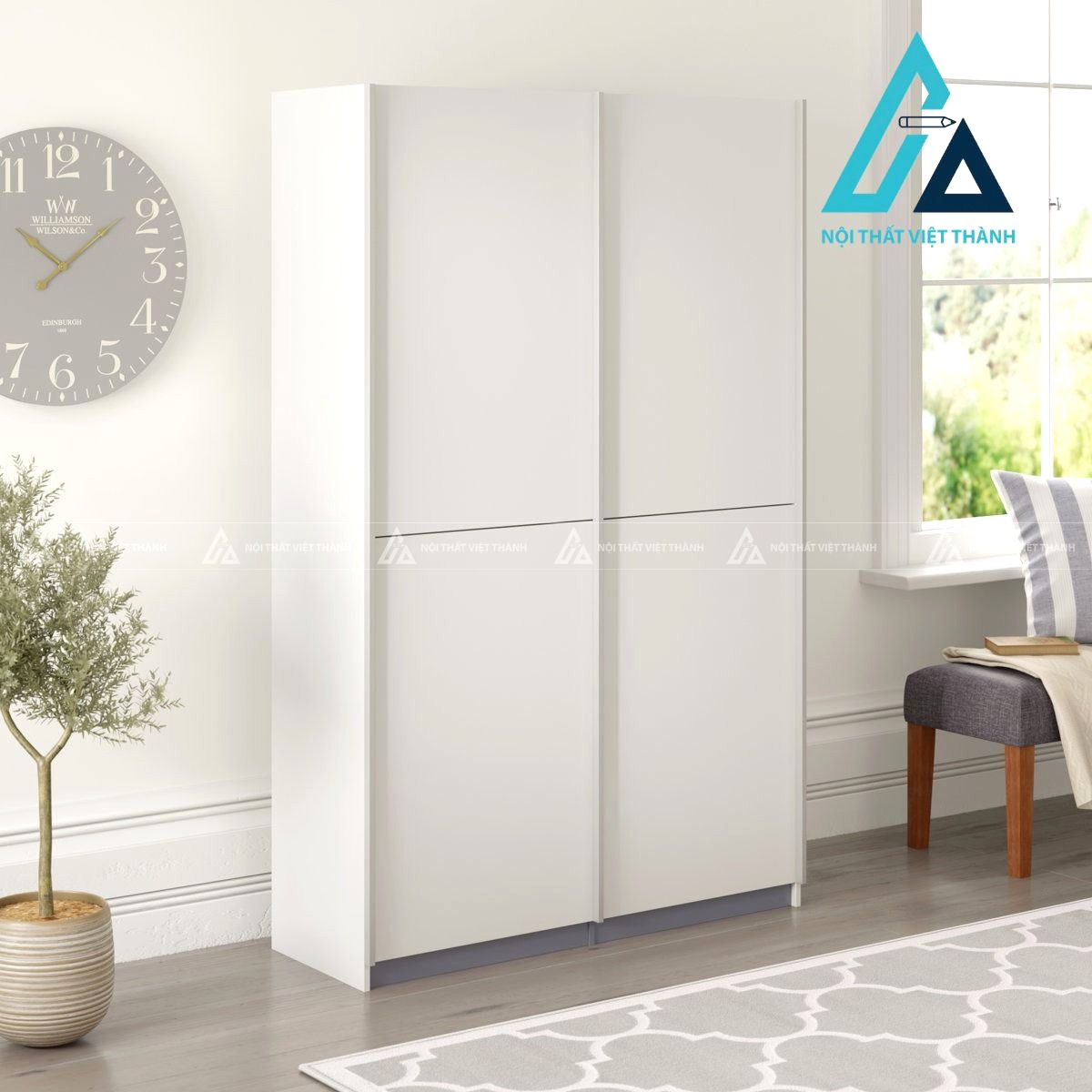 Tủ quần áo cửa lùa 2 cánh MDF màu trắng hiện đại tối ưu diện tích