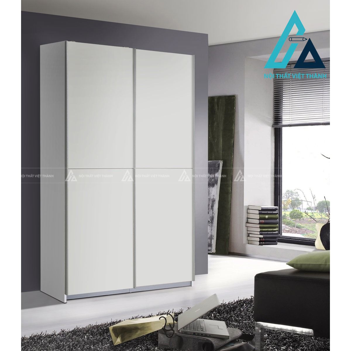 Tủ quần áo cửa lùa 2 cánh MDF màu trắng hiện đại tối ưu diện tích 3