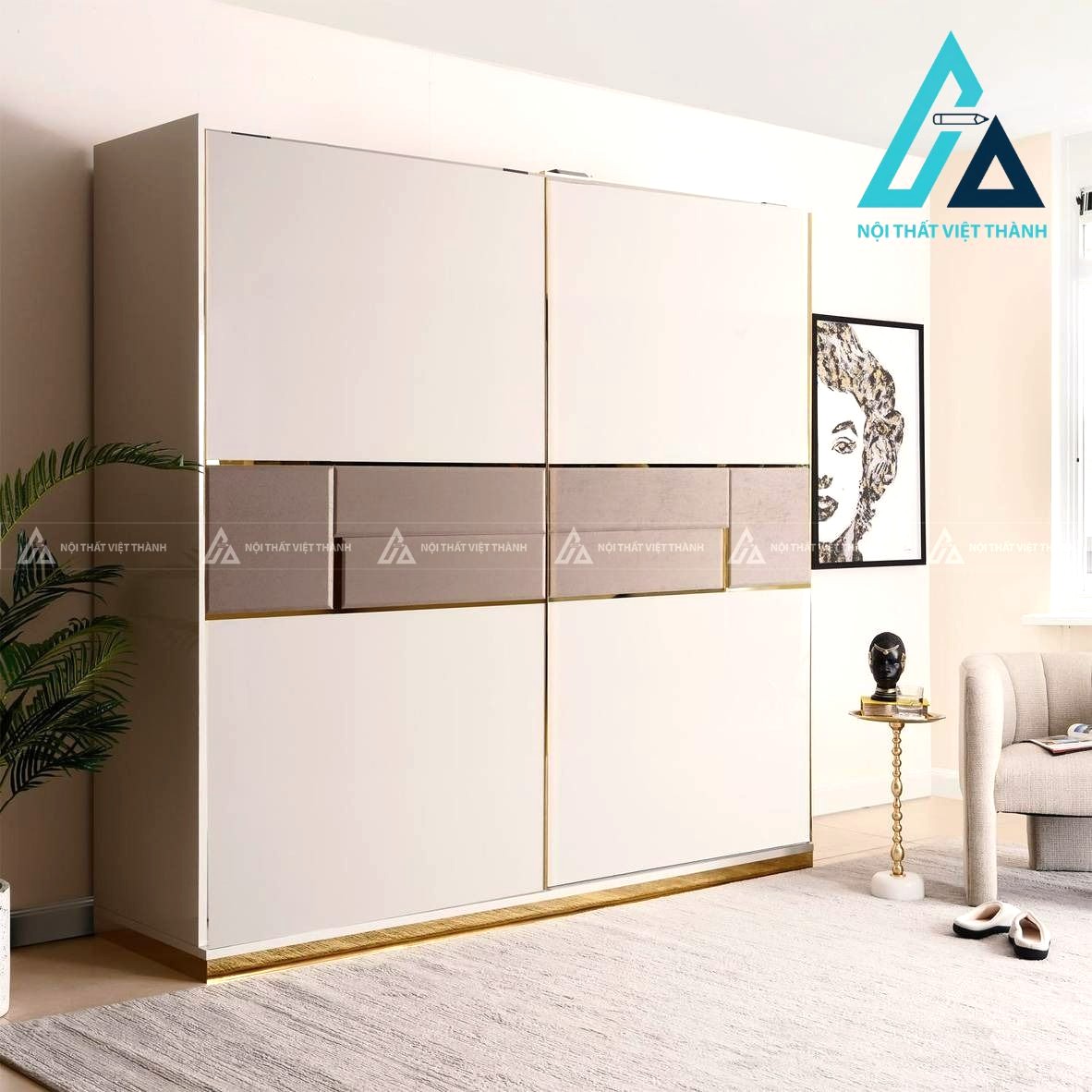 Tủ quần áo cửa lùa 2 cánh MDF màu xám hiện đại viền kim loại cao cấp