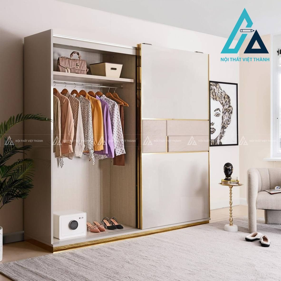 Tủ quần áo cửa lùa 2 cánh MDF màu xám hiện đại viền kim loại cao cấp 1