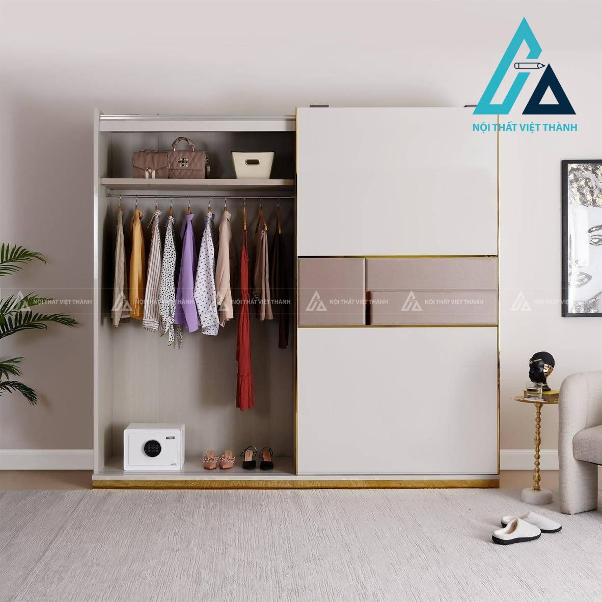 Tủ quần áo cửa lùa 2 cánh MDF màu xám hiện đại viền kim loại cao cấp 2