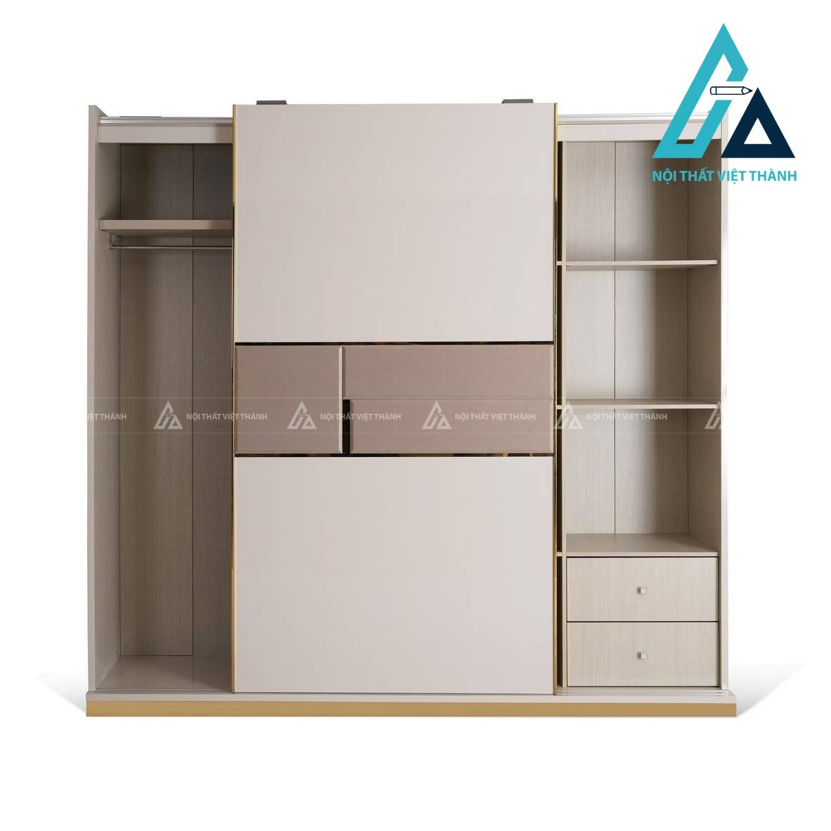 Tủ quần áo cửa lùa 2 cánh MDF màu xám hiện đại viền kim loại cao cấp 5