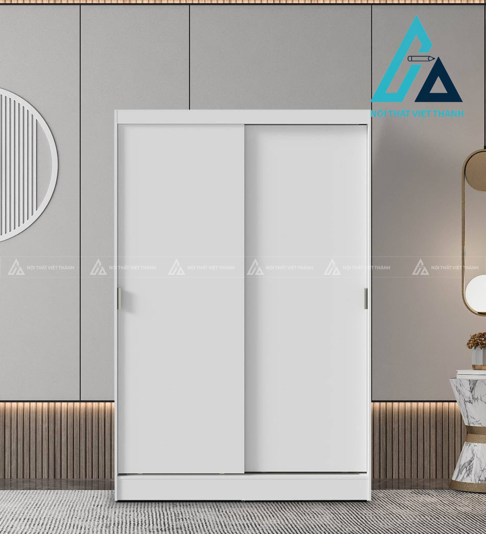 Tủ quần áo cửa lùa 2 cánh MDF trắng hiện đại kèm ngăn kéo tiện dụng