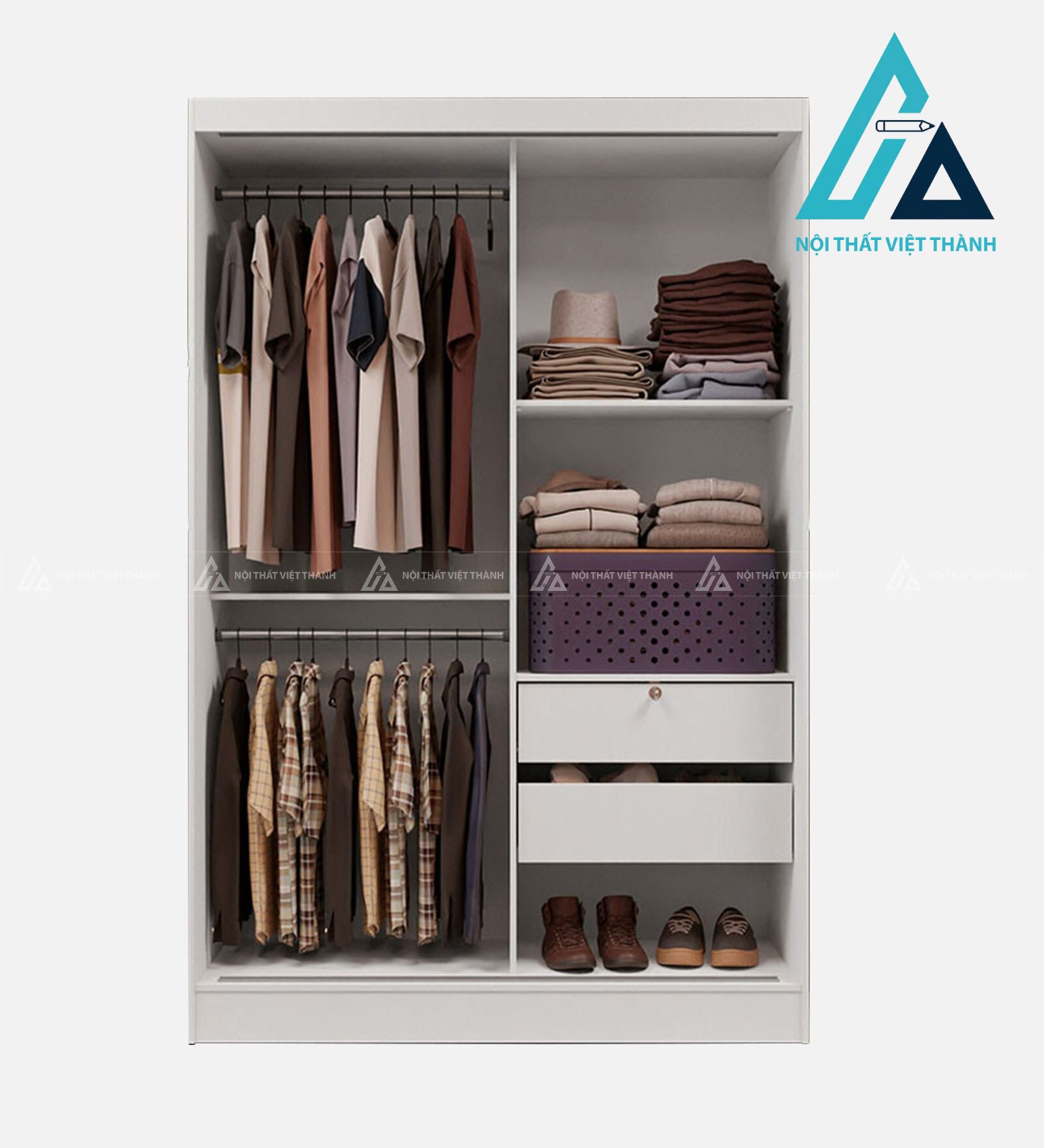 Tủ quần áo cửa lùa 2 cánh MDF trắng hiện đại kèm ngăn kéo tiện dụng 3