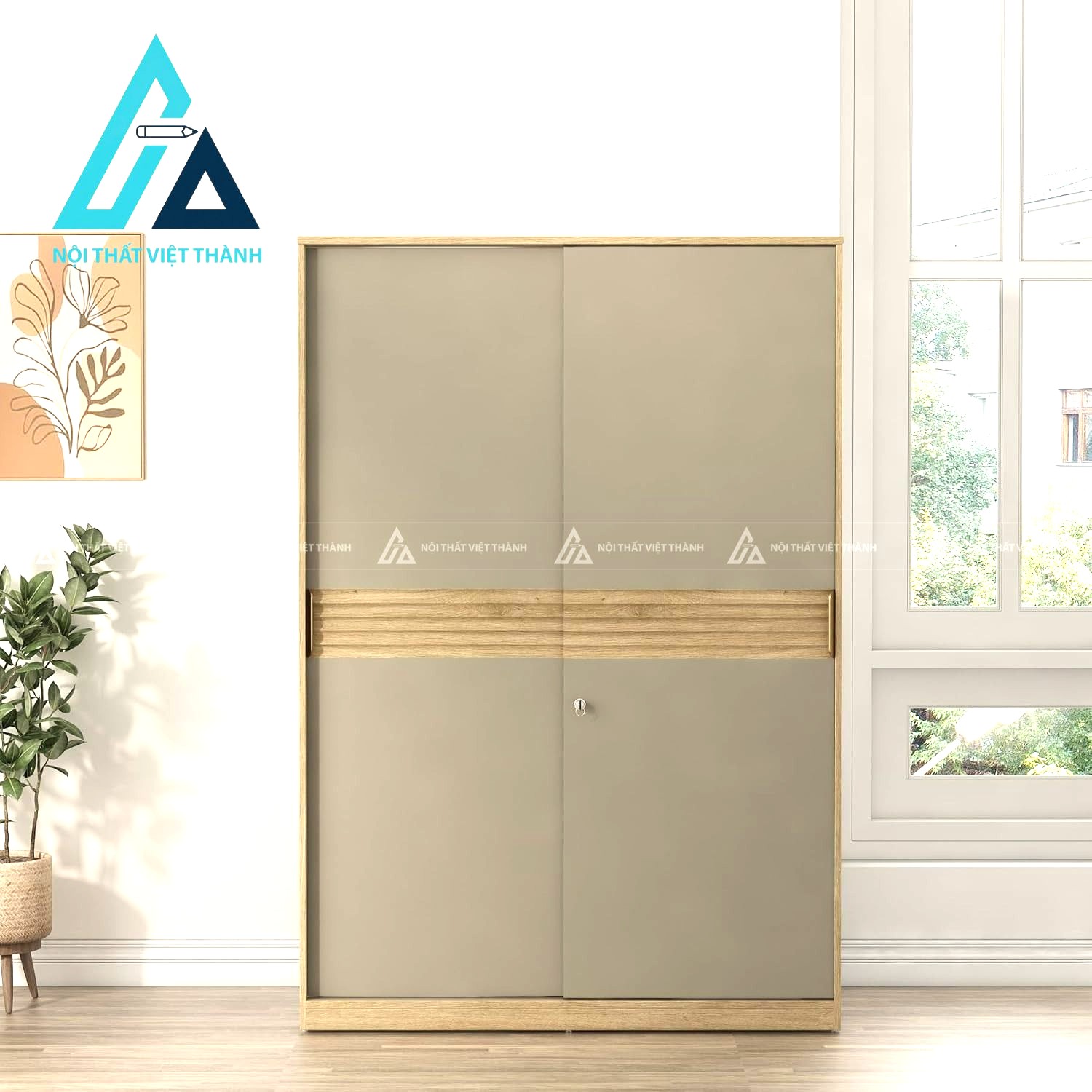 Tủ quần áo cửa lùa 2 cánh MDF vân gỗ Melamine hiện đại phối màu sang trọng