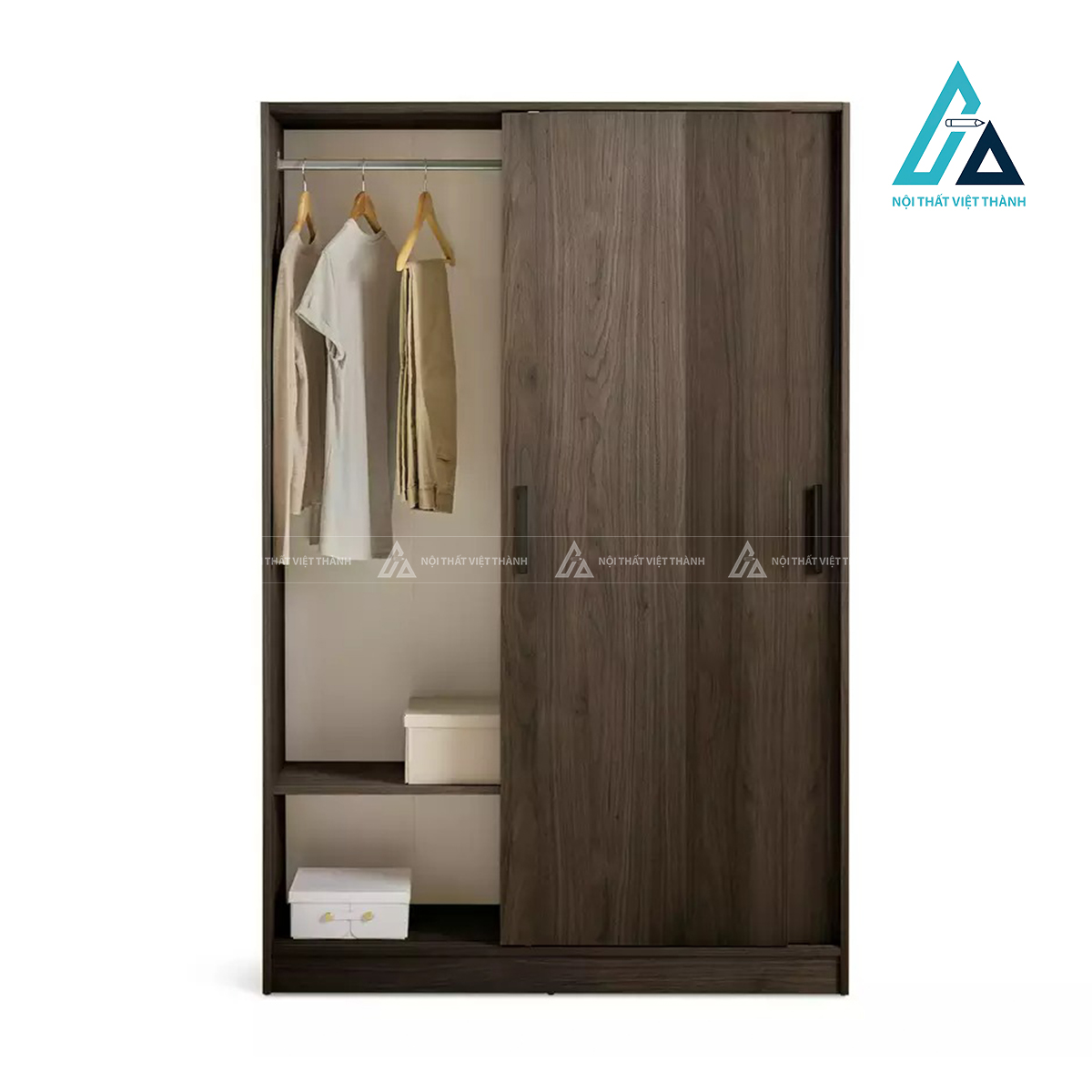 Tủ quần áo cửa lùa 2 cánh MDF vân gỗ óc chó hiện đại sang trọng 2