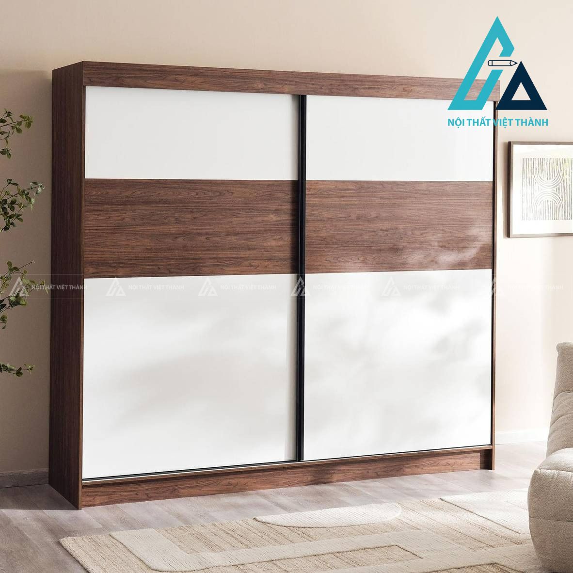 Tủ quần áo cửa lùa 2 cánh MDF vân óc chó thiết kế hiện đại cao cấp