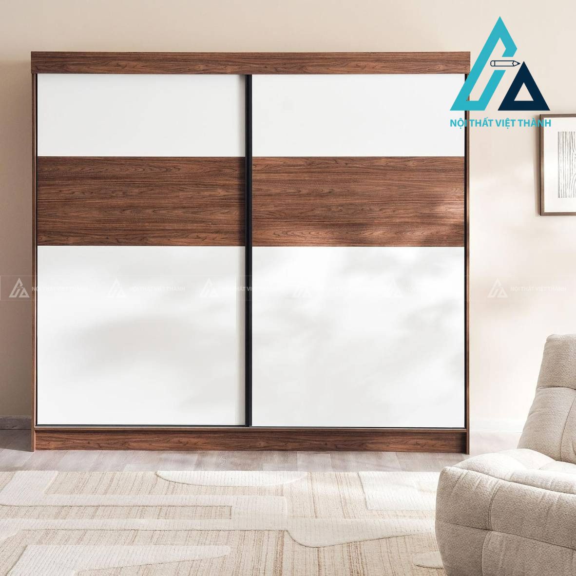 Tủ quần áo cửa lùa 2 cánh MDF vân óc chó thiết kế hiện đại cao cấp 1