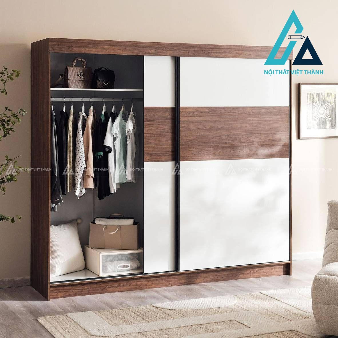 Tủ quần áo cửa lùa 2 cánh MDF vân óc chó thiết kế hiện đại cao cấp 2