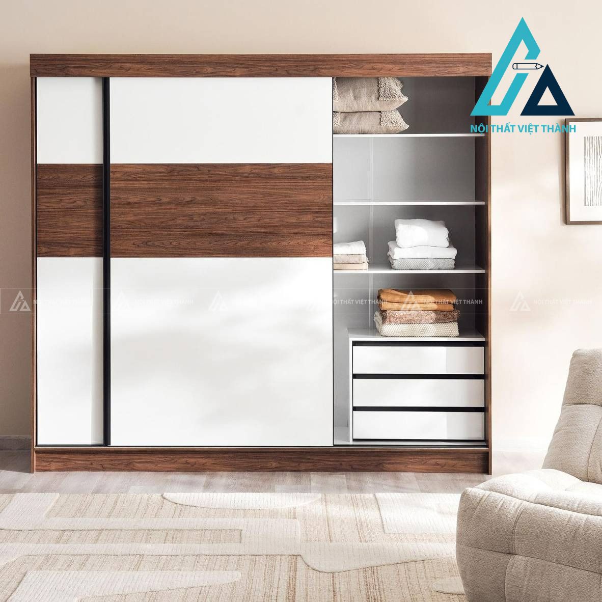 Tủ quần áo cửa lùa 2 cánh MDF vân óc chó thiết kế hiện đại cao cấp 3