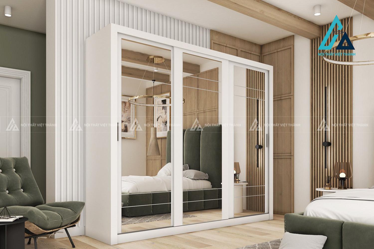 Tủ quần áo cửa lùa 3 cánh MDF màu trắng kèm gương hiện đại tiện nghi