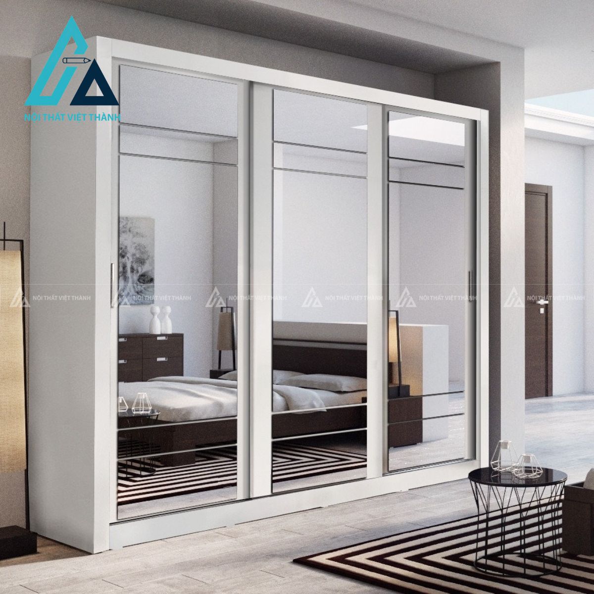 Tủ quần áo cửa lùa 3 cánh MDF màu trắng kèm gương hiện đại tiện nghi 3