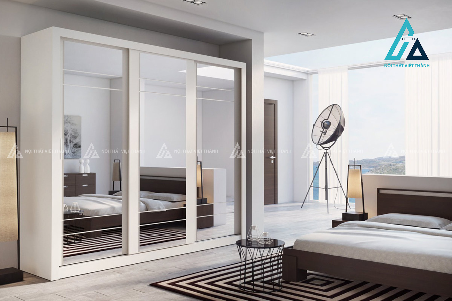 Tủ quần áo cửa lùa 3 cánh MDF màu trắng kèm gương hiện đại tiện nghi 5