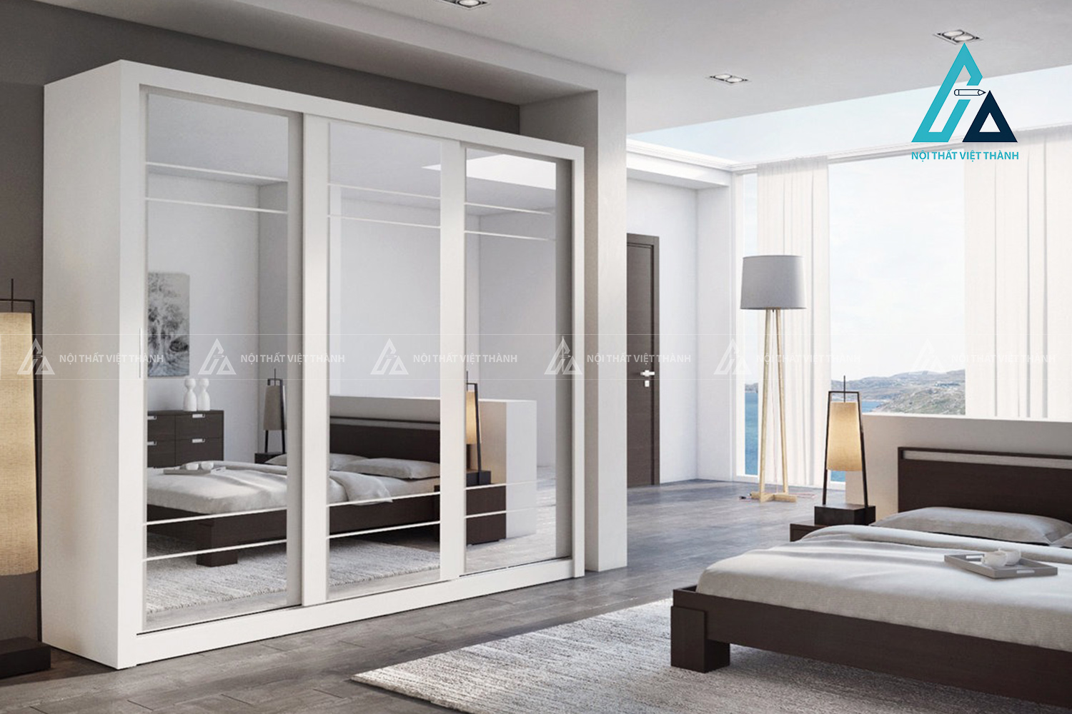 Tủ quần áo cửa lùa 3 cánh MDF màu trắng kèm gương hiện đại tiện nghi 7