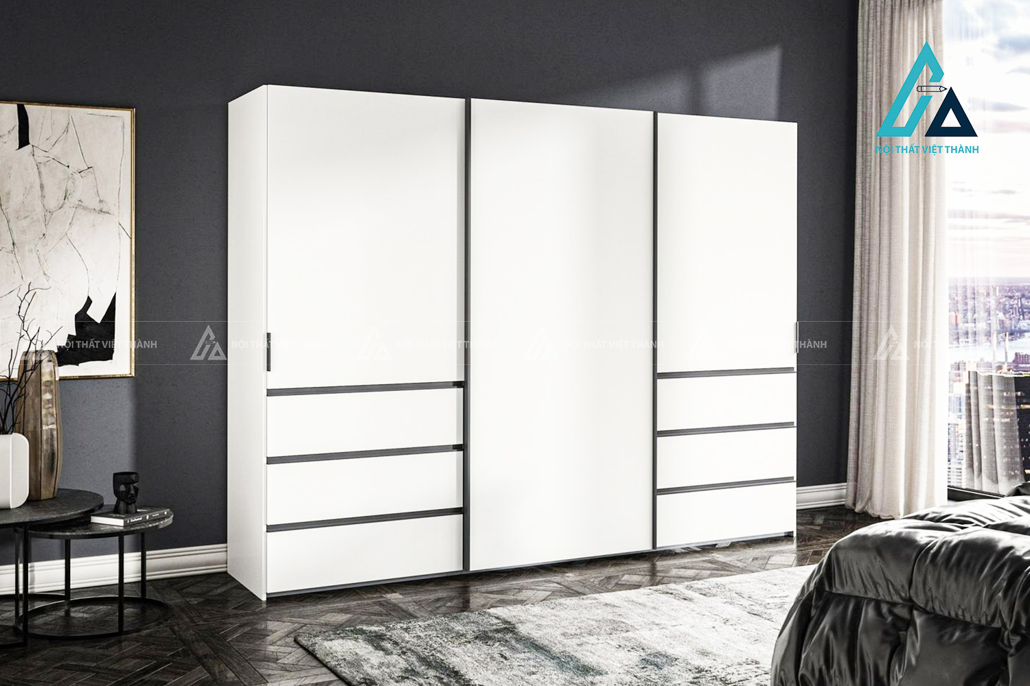 Tủ quần áo cửa lùa 3 cánh MDF sơn mờ hiện đại tích hợp ngăn kéo tiện nghi