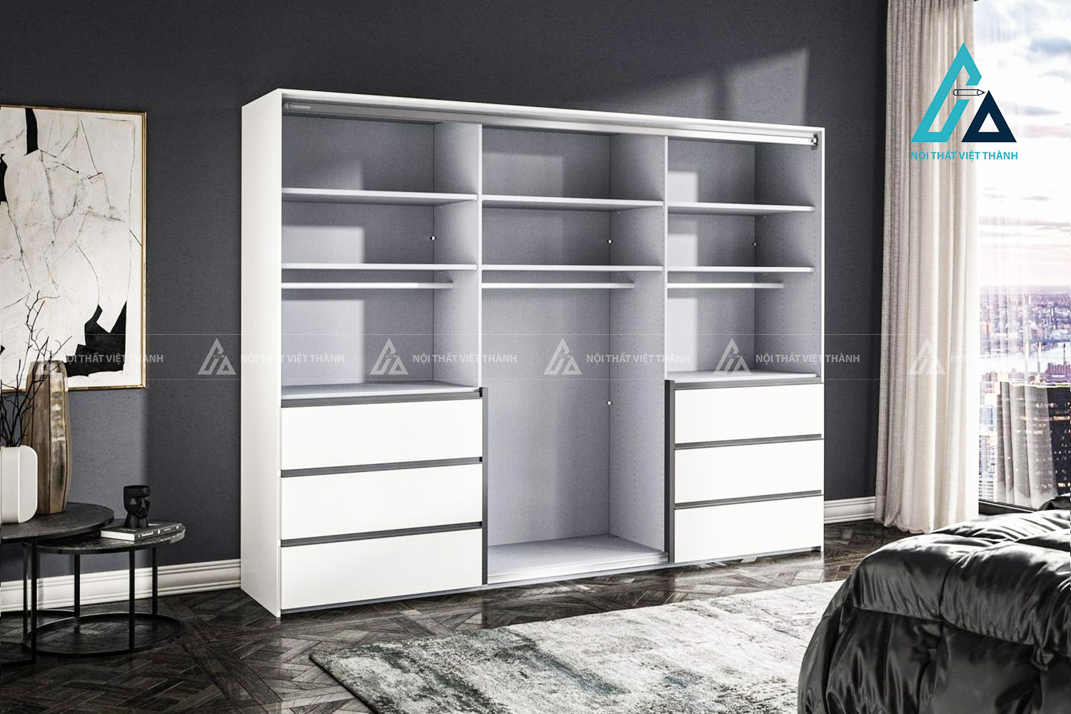 Tủ quần áo cửa lùa 3 cánh MDF sơn mờ hiện đại tích hợp ngăn kéo tiện nghi 2