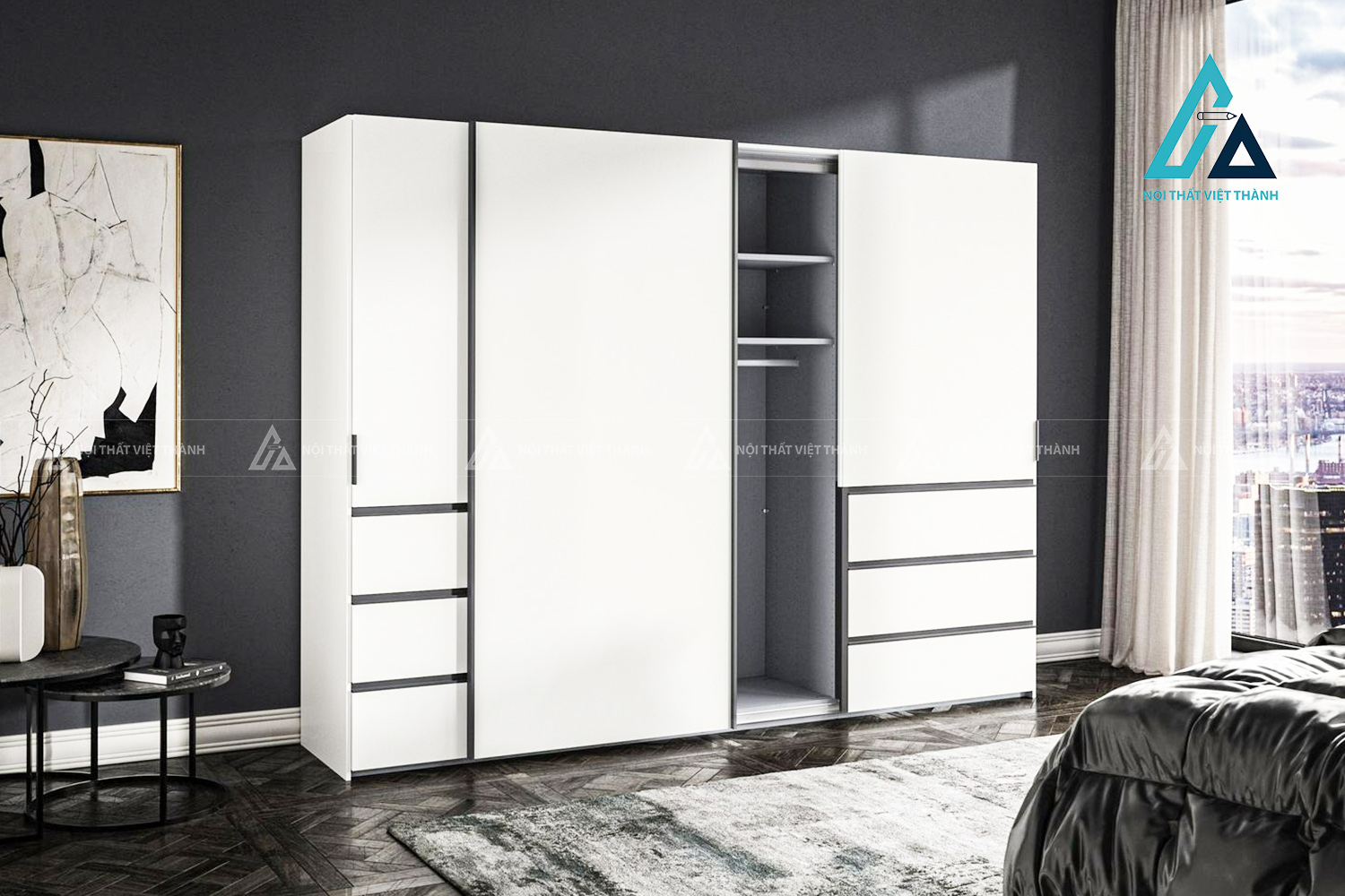 Tủ quần áo cửa lùa 3 cánh MDF sơn mờ hiện đại tích hợp ngăn kéo tiện nghi 3