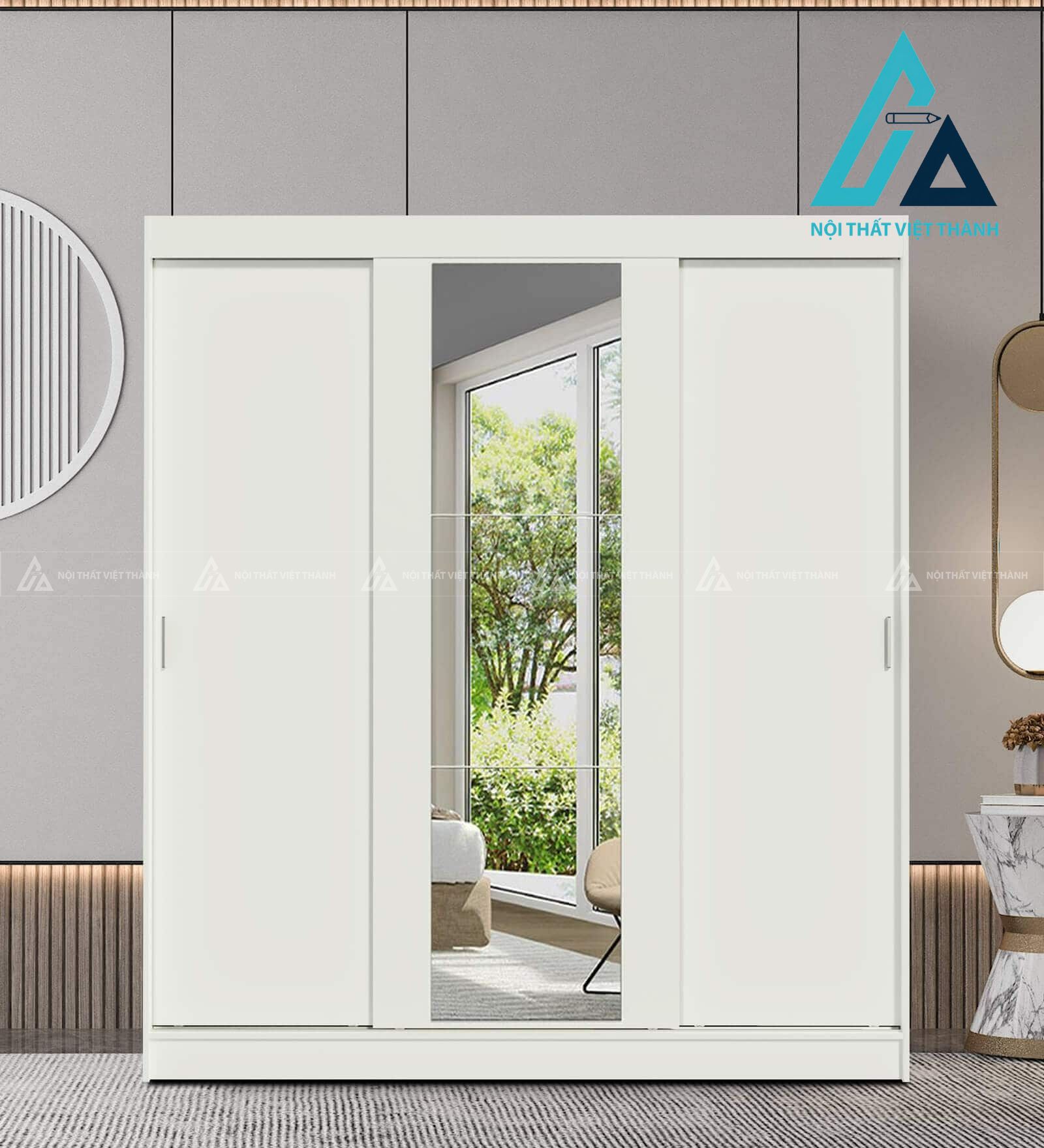 Tủ quần áo cửa lùa 3 cánh MDF trắng tích hợp gương và ngăn kéo hiện đại