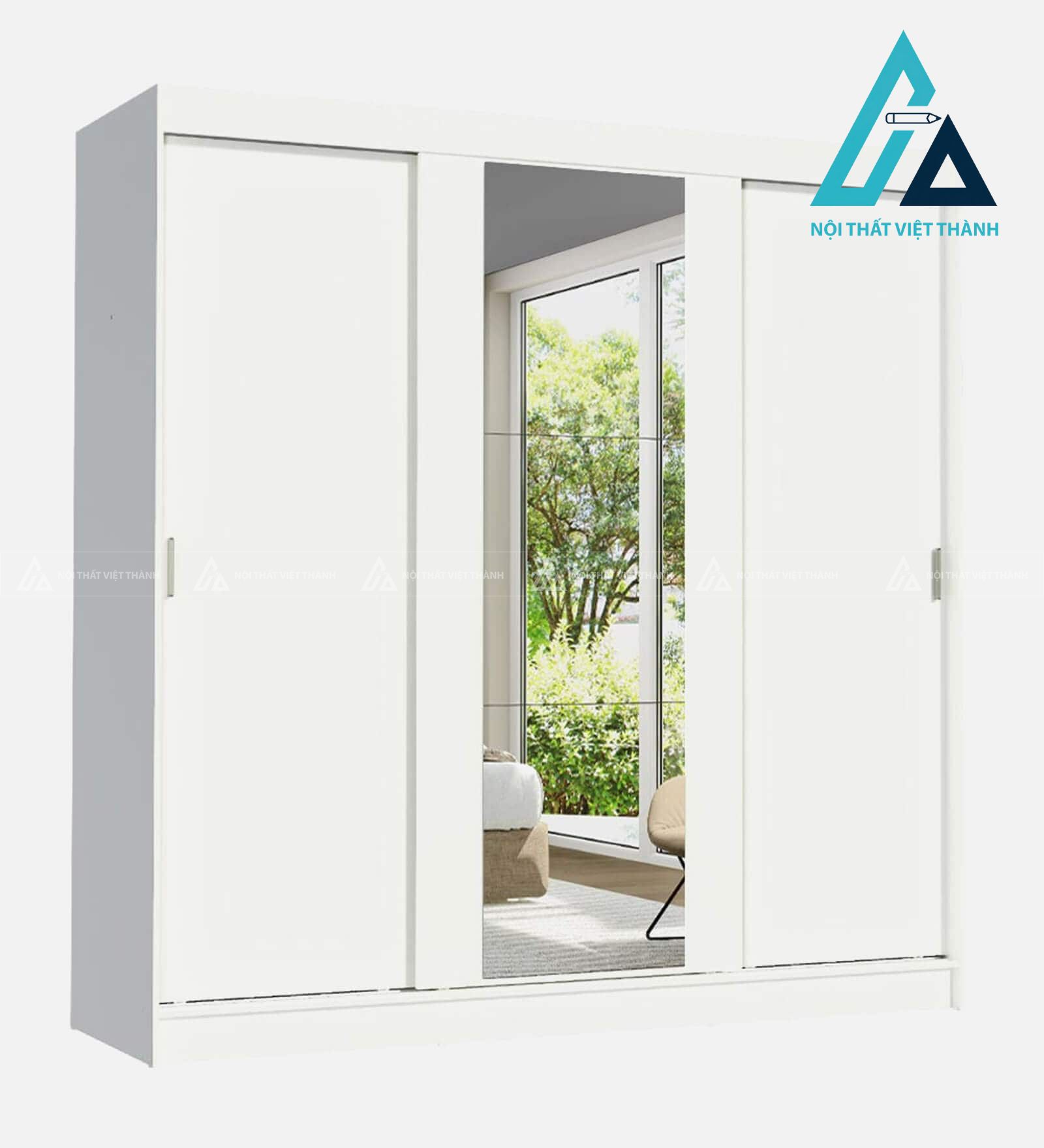 Tủ quần áo cửa lùa 3 cánh MDF trắng tích hợp gương và ngăn kéo hiện đại 1
