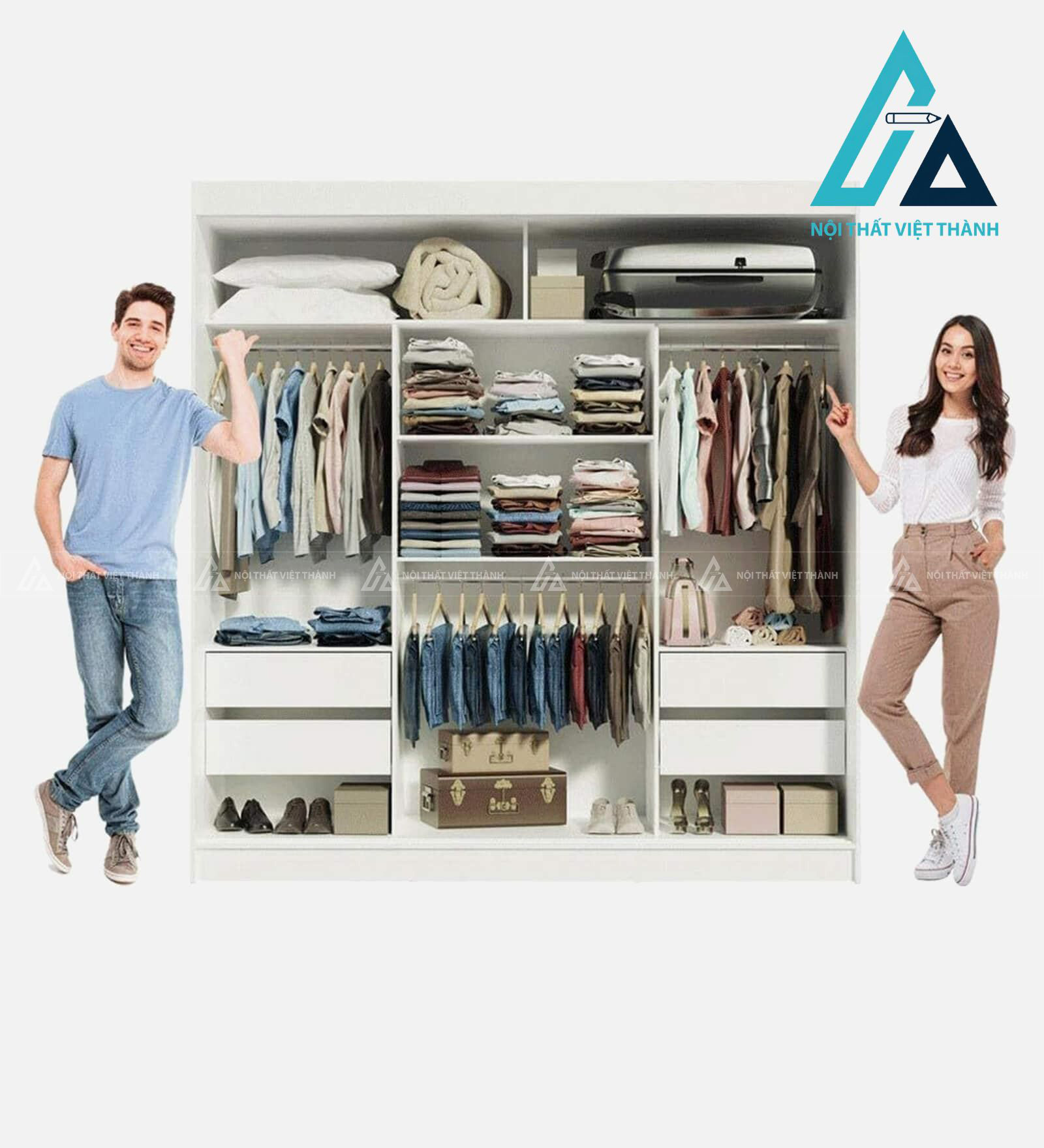 Tủ quần áo cửa lùa 3 cánh MDF trắng tích hợp gương và ngăn kéo hiện đại 2