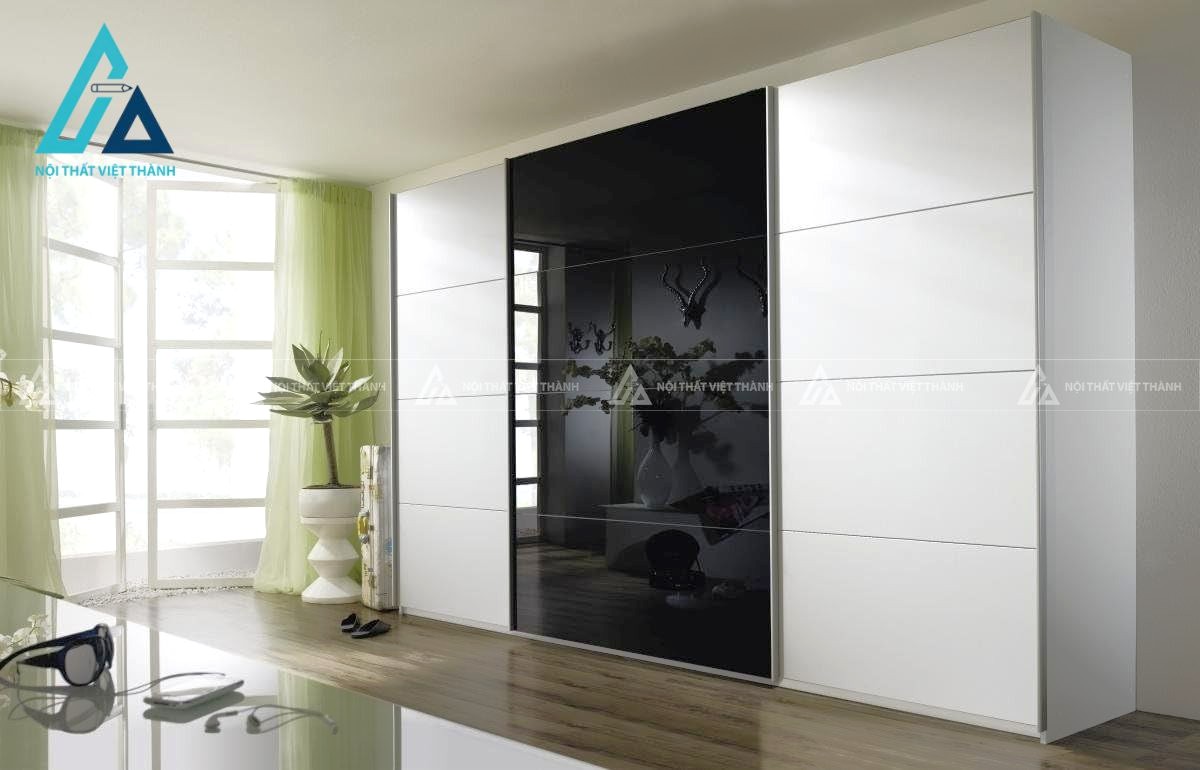 Tủ quần áo cửa lùa 3 cánh MDF trắng phối kính đen sang trọng hiện đại