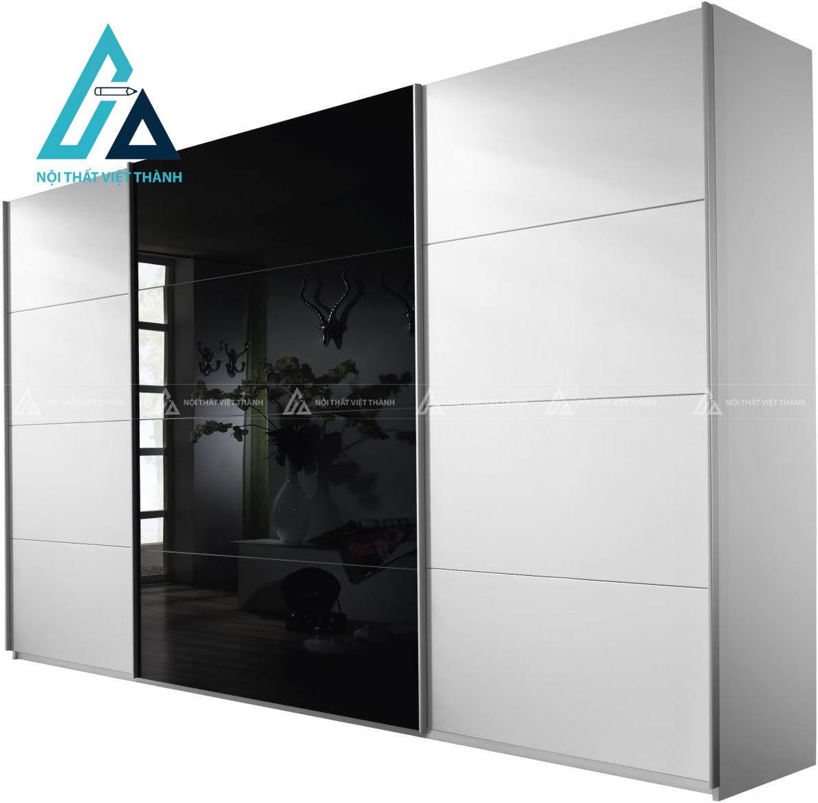 Tủ quần áo cửa lùa 3 cánh MDF trắng phối kính đen sang trọng hiện đại 3