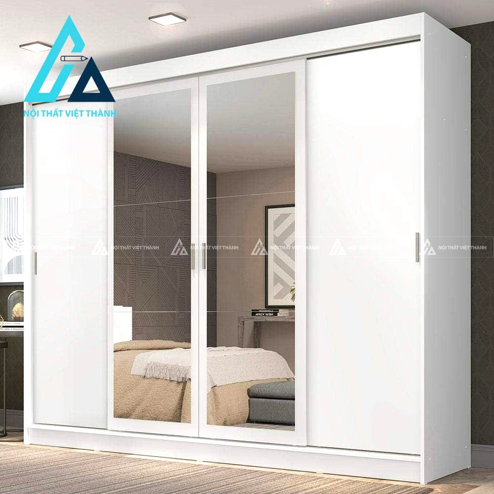 Tủ quần áo cửa lùa 4 cánh MDF có gương và ngăn kéo tiện nghi