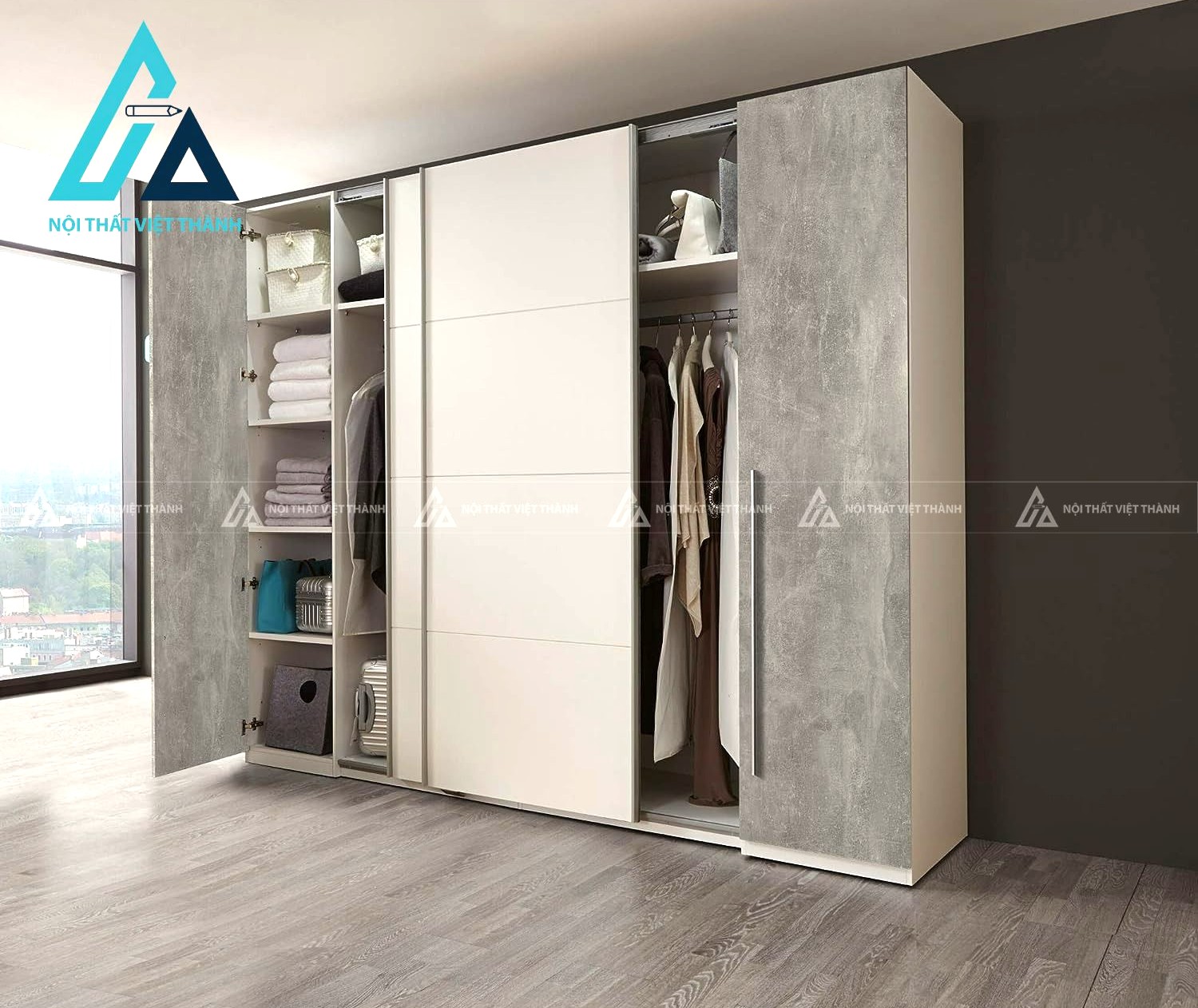 Tủ quần áo cửa lùa 4 cánh MDF trắng phối xám hiện đại sang trọng