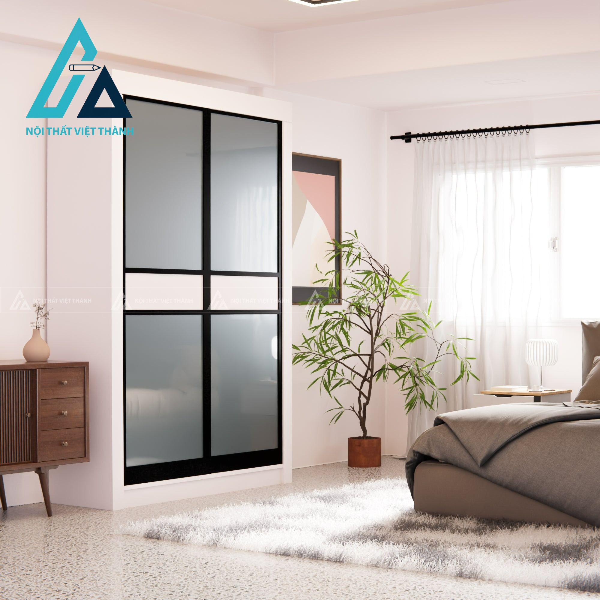 Tủ quần áo cửa lùa gỗ MDF màu trắng hiện đại tối ưu diện tích