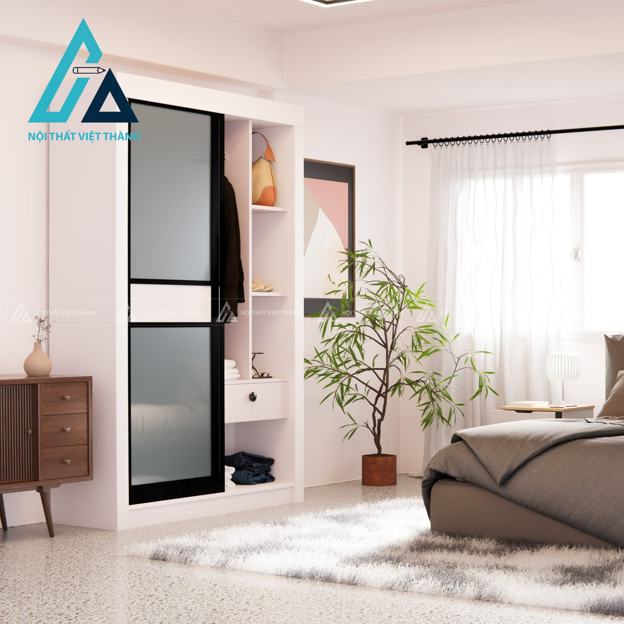 Tủ quần áo cửa lùa gỗ MDF màu trắng hiện đại tối ưu diện tích 1