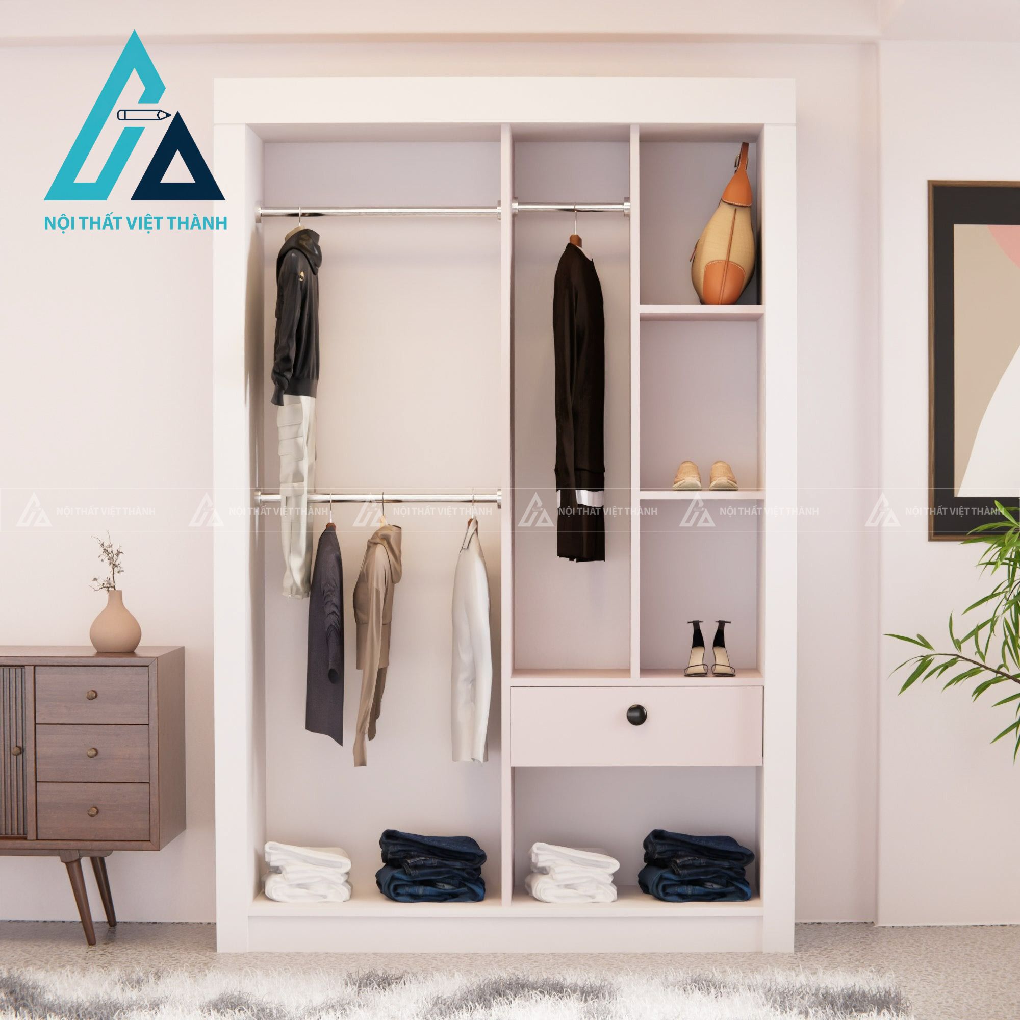 Tủ quần áo cửa lùa gỗ MDF màu trắng hiện đại tối ưu diện tích 4