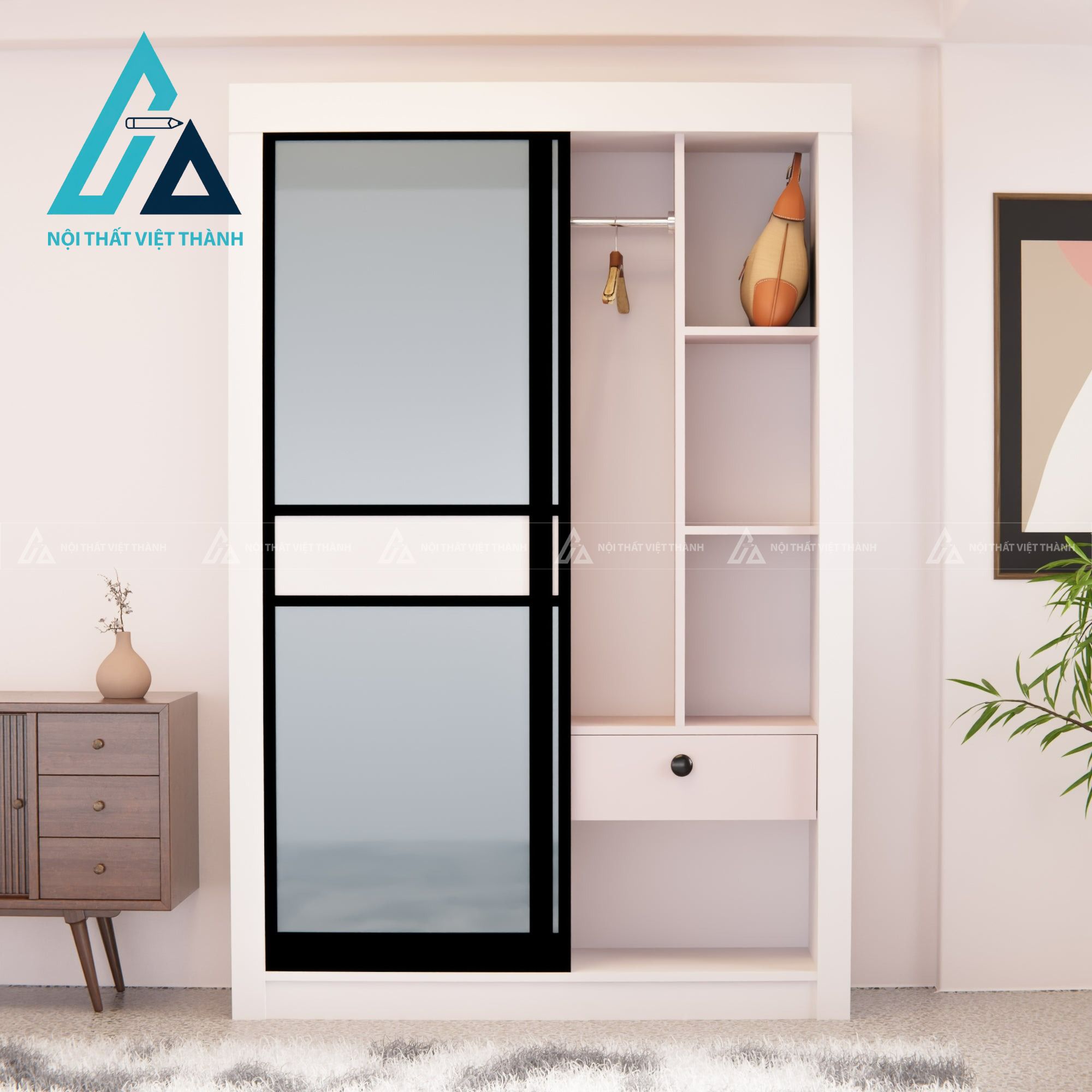 Tủ quần áo cửa lùa gỗ MDF màu trắng hiện đại tối ưu diện tích 5