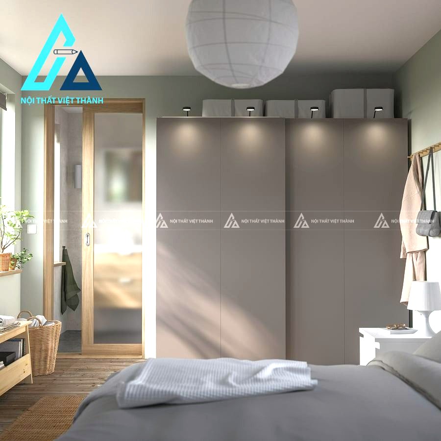 Tủ quần áo cửa lùa gỗ MDF màu xám đậm 2 cánh hiện đại sang trọng