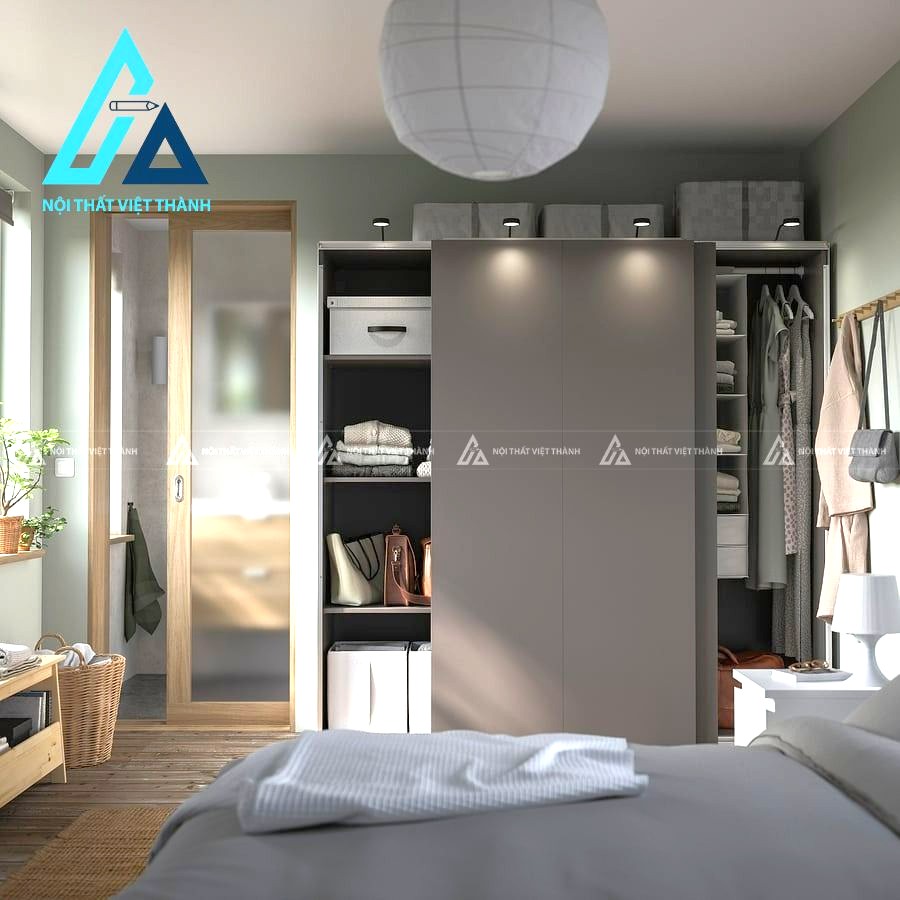 Tủ quần áo cửa lùa gỗ MDF màu xám đậm 2 cánh hiện đại sang trọng 1